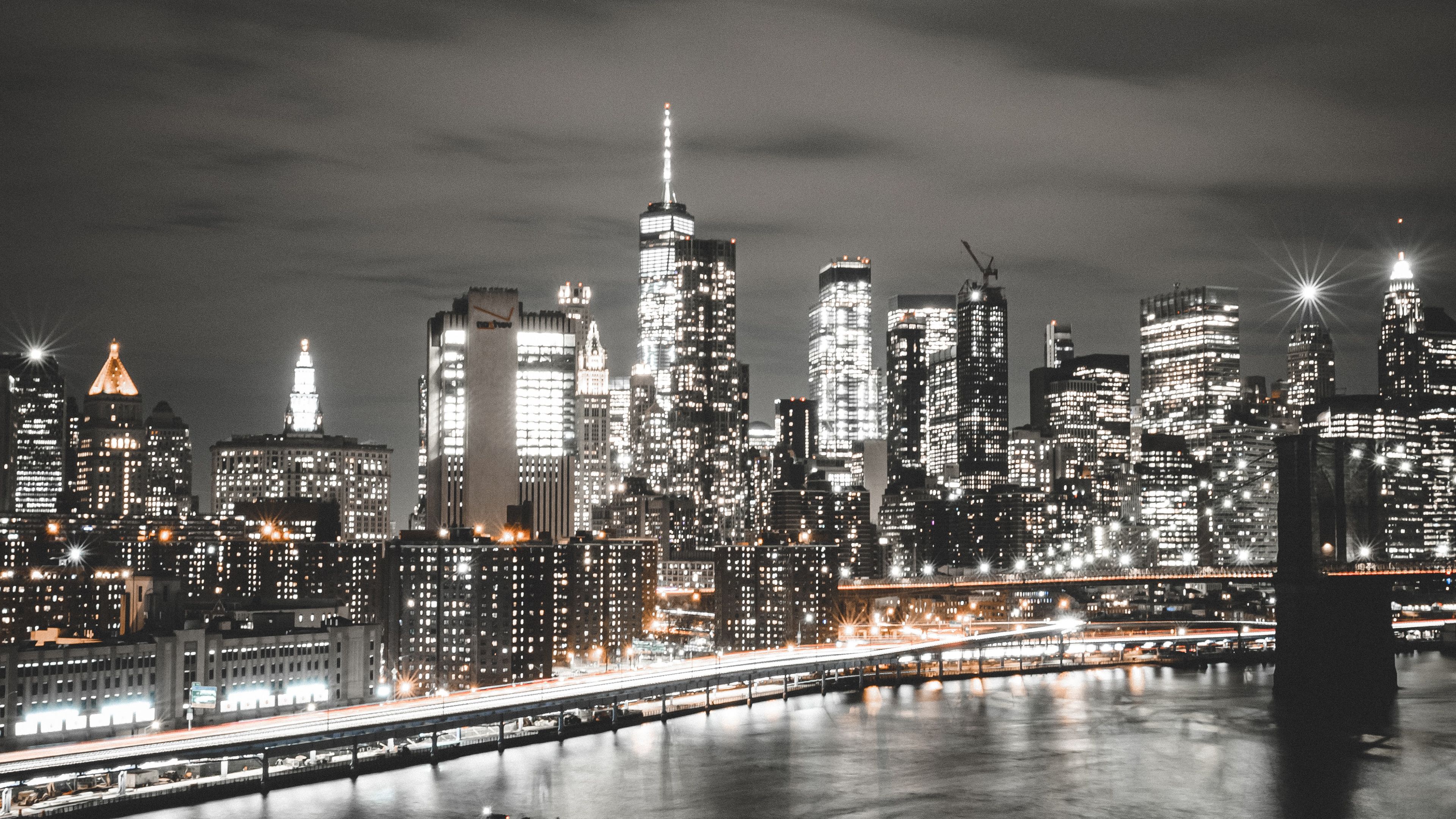 Manhattan Bridge, Brooklyn, Cityscape, Night, City lights, New York City, USA, 4k Free deskk wallpaper, Ultra HD