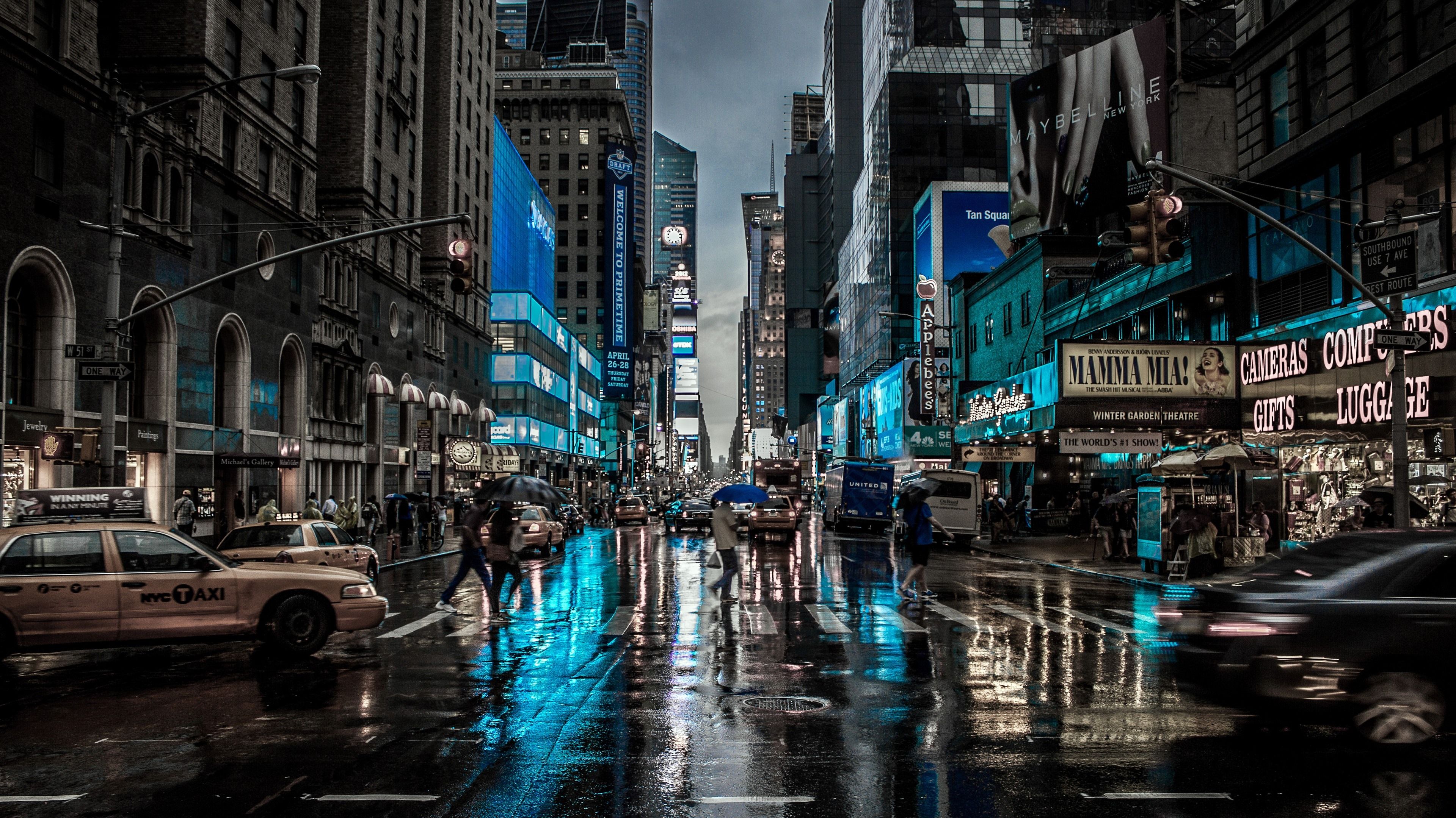 Wallpaper New York, city, night, street, buildings, rain, USA 3840x2160 UHD 4K Picture, Image