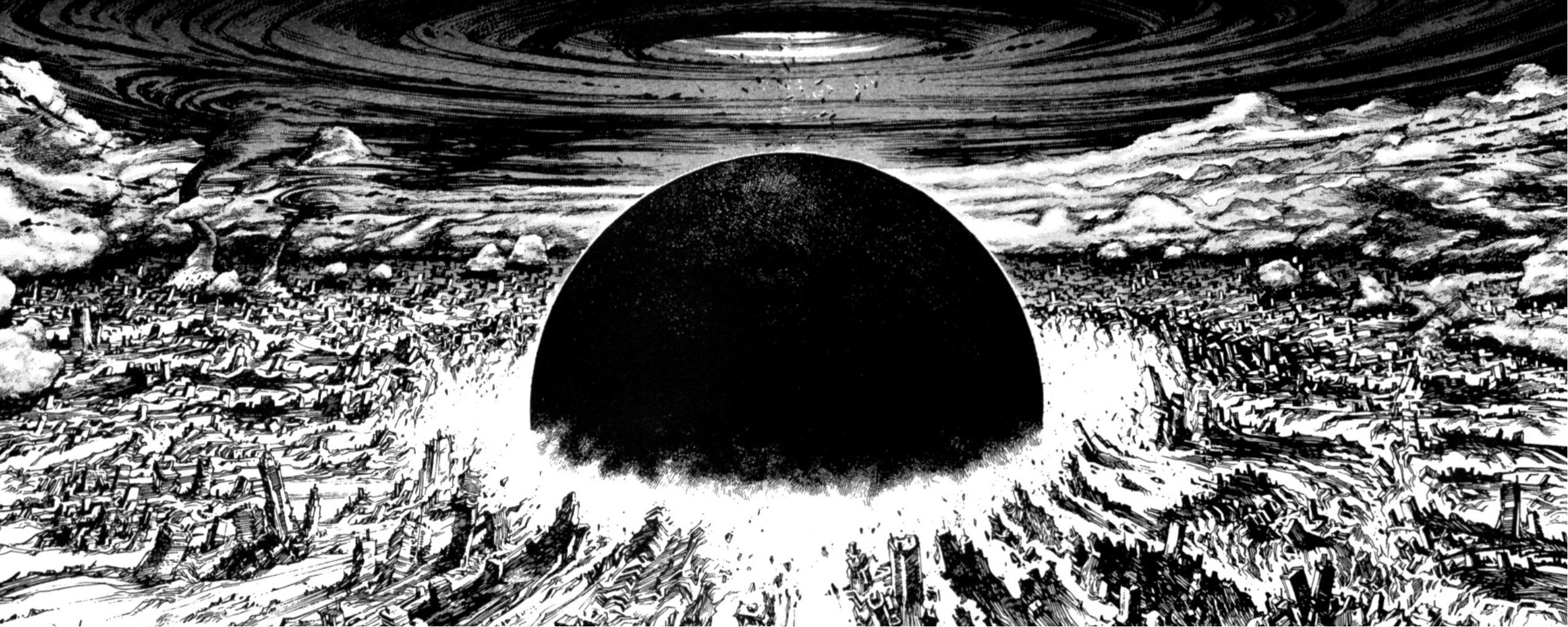 Wallpaper, manga, Akira, black and white, monochrome photography, astronomical object 2560x1024