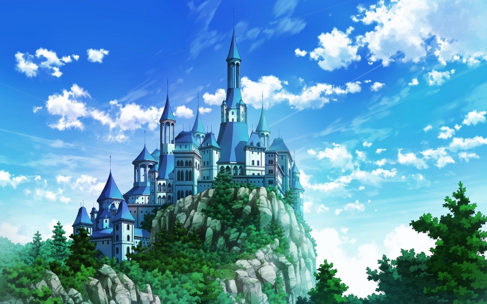 Download 1680x1050 Anime Landscape, Castle, Clouds, Trees Wallpaper for MacBook Pro 15 inch