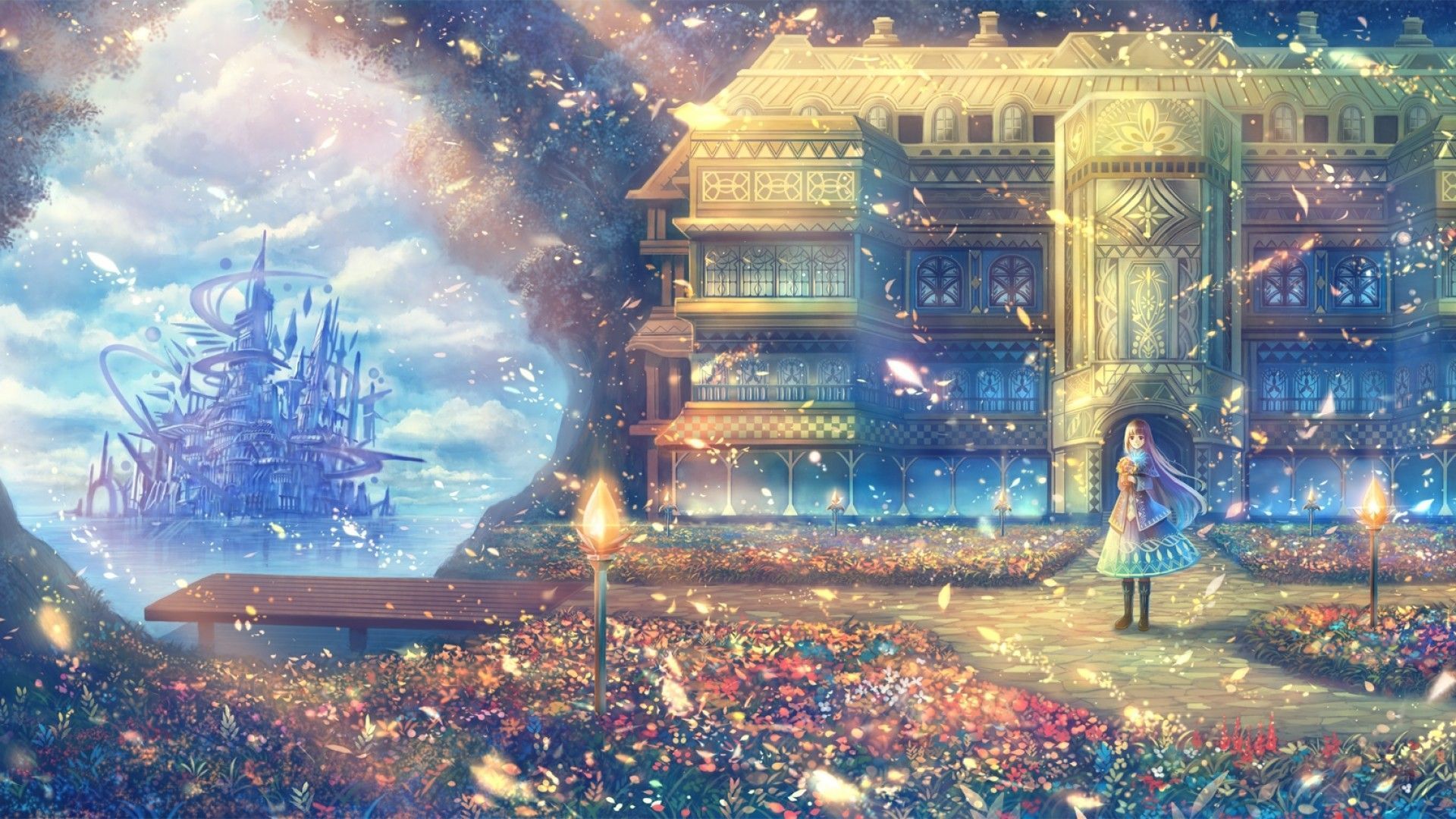 Download Serene Fantasy Anime Landscape with Cherry Blossoms and Moonlit  Castle | Wallpapers.com