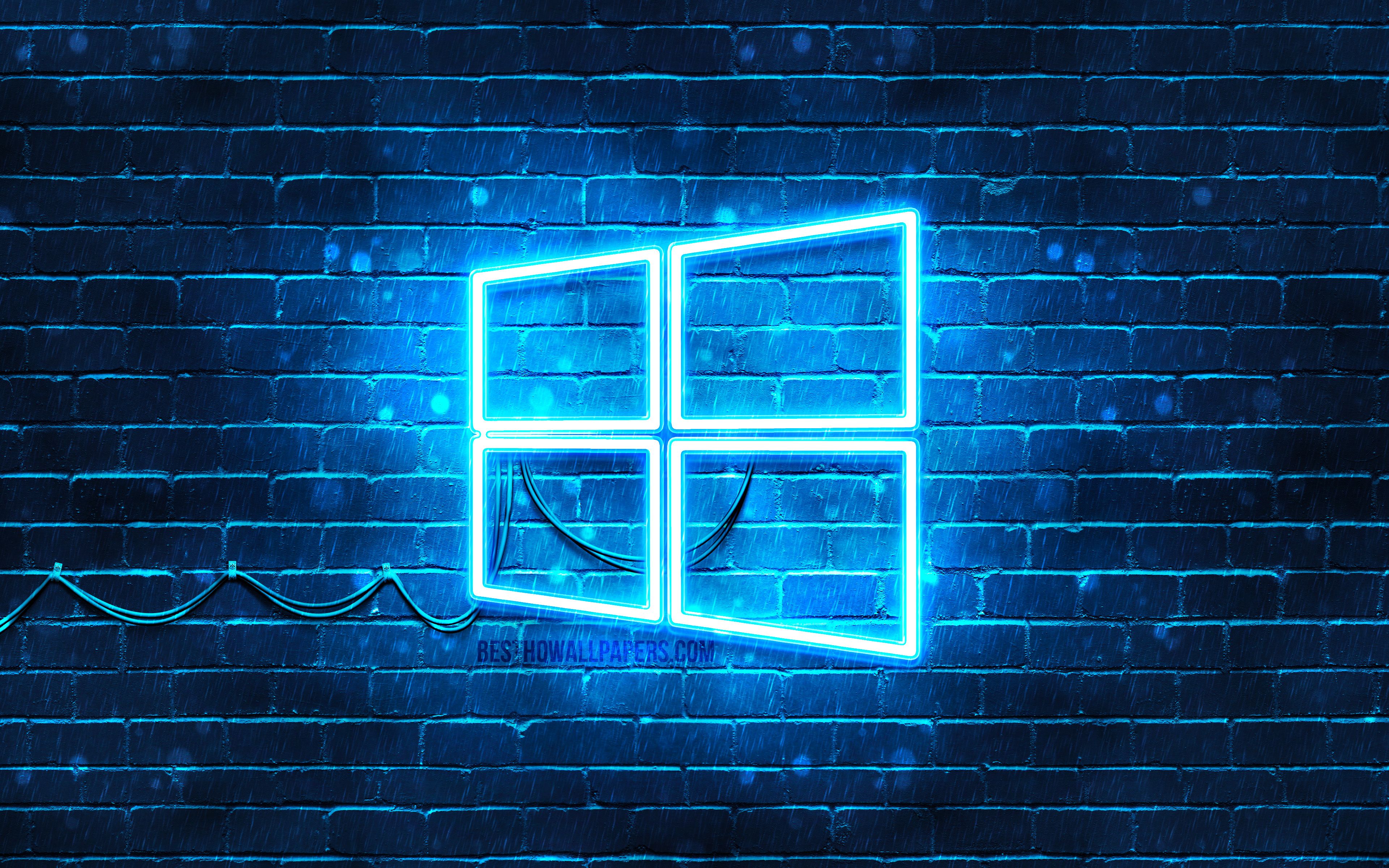 Download wallpapers Windows 10 blue logo, 4k, blue brickwall, Windows 10 lo...