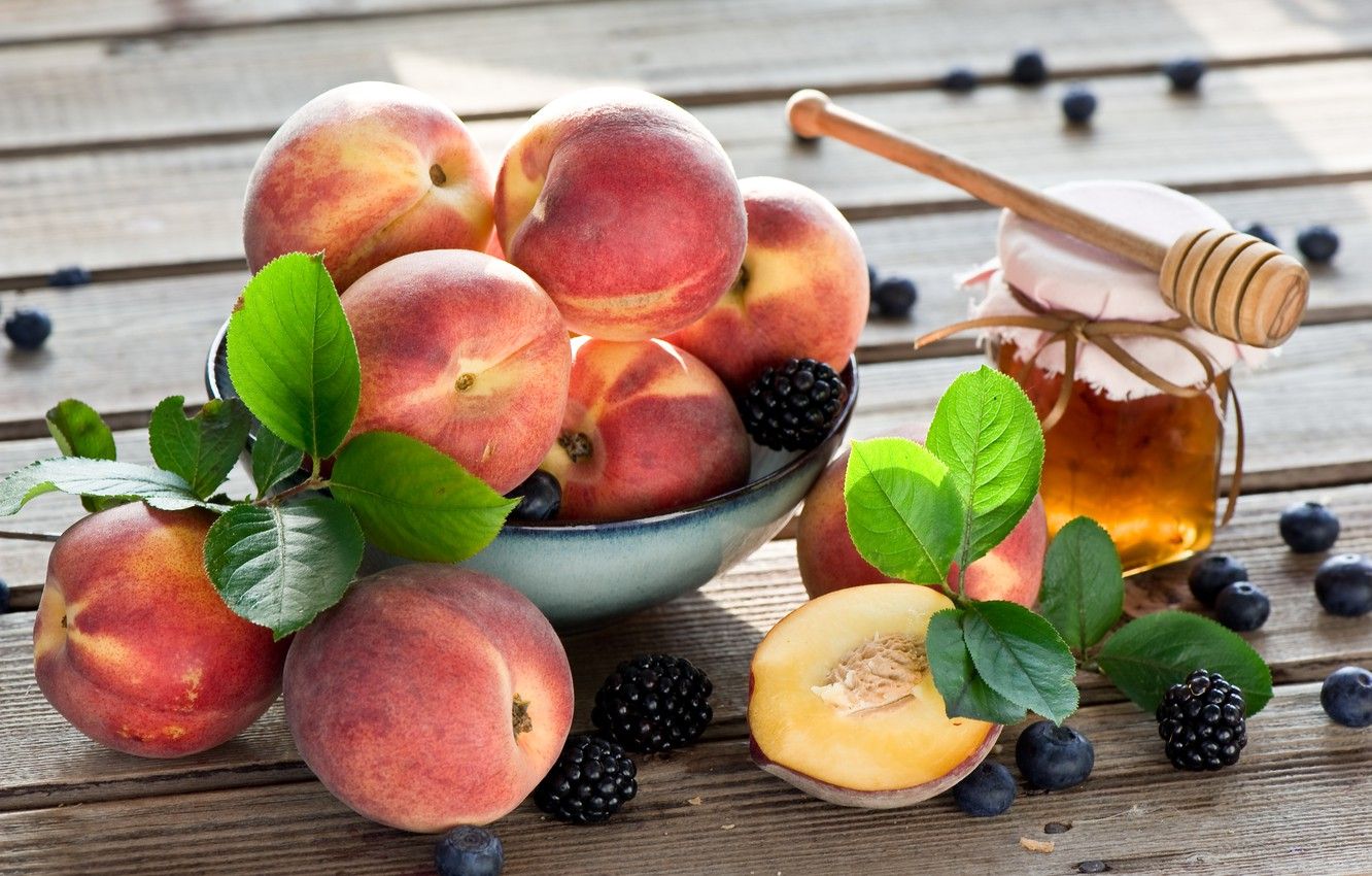 Wallpaper berries, honey, peaches image for desktop, section еда
