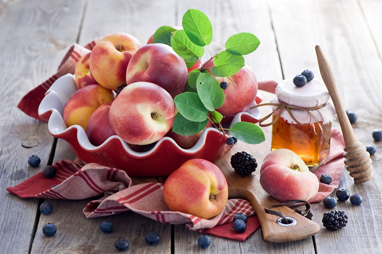 Image Honey Jar Peaches Blueberries Food Fruit