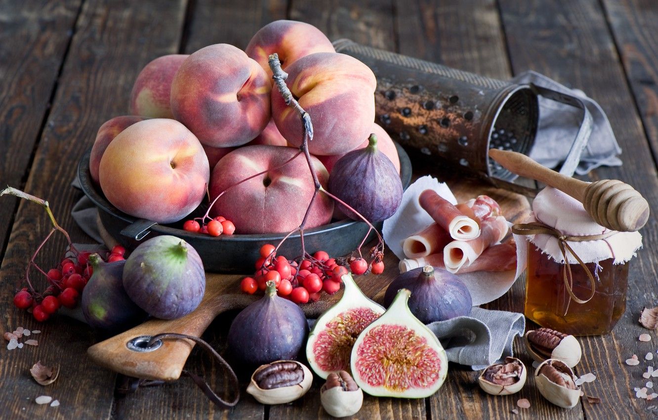 Wallpaper berries, nuts, still life, honey, peaches, figs, grater, figs, ham image for desktop, section еда