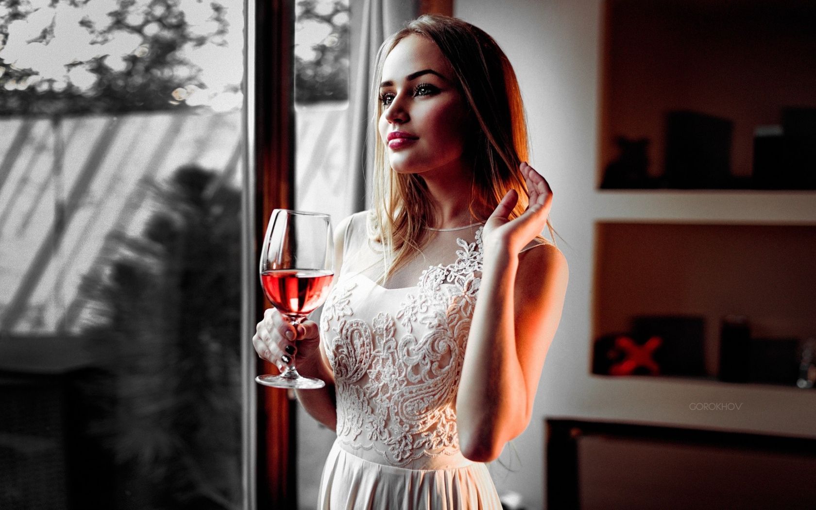 Desktop Wallpaper Blonde, Girl, Drinking Red Wine, Brunette, Beautiful, HD Image, Picture, Background, Qmcejh