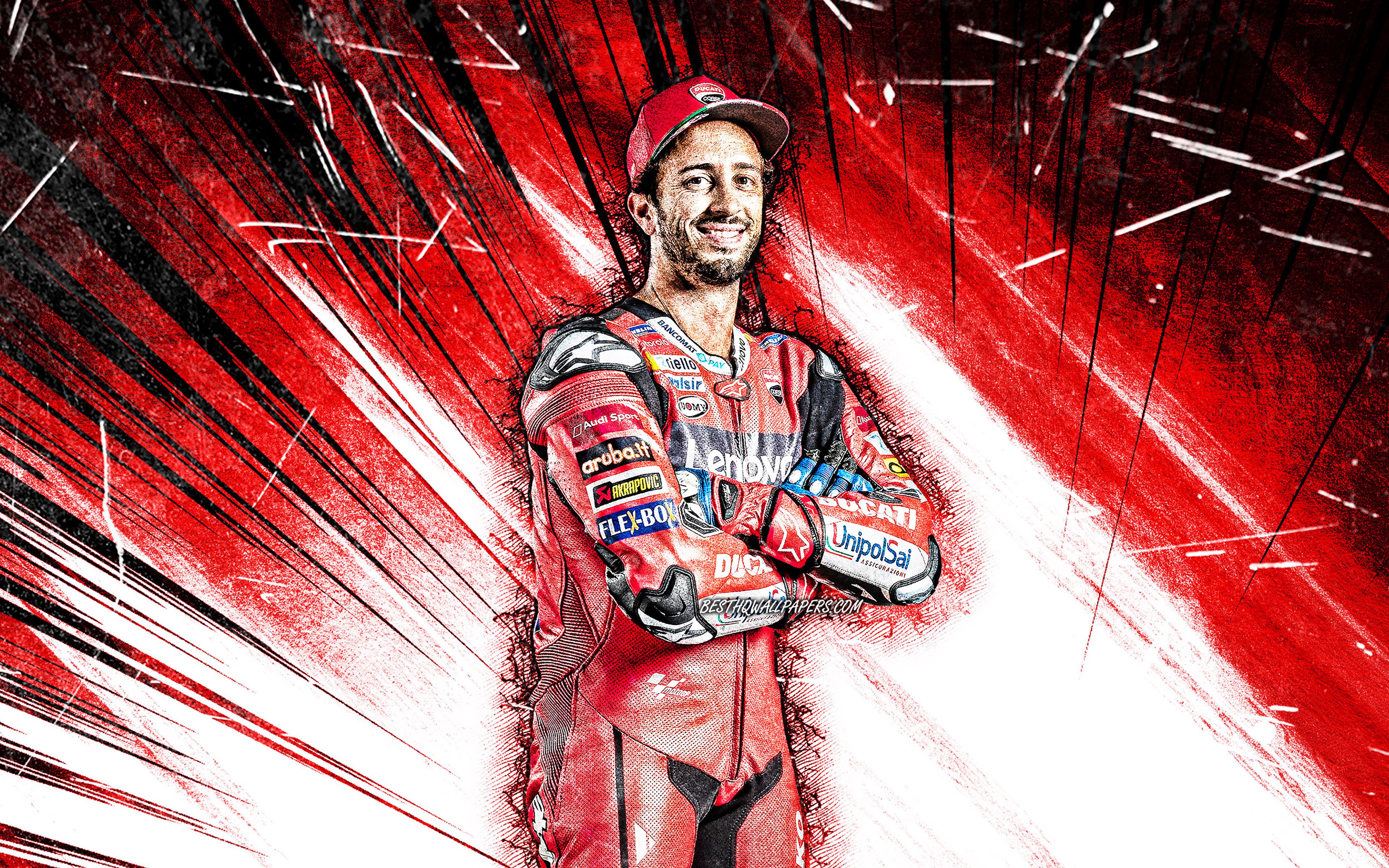 Download wallpaper 4k, Andrea Dovizioso, grunge art, Ducati Corse, italian motorcycle racer, MotoGP, red abstract rays, MotoGP World Championship, Andrea Dovizioso 4K for desktop with resolution 3840x2400. High Quality HD picture wallpaper