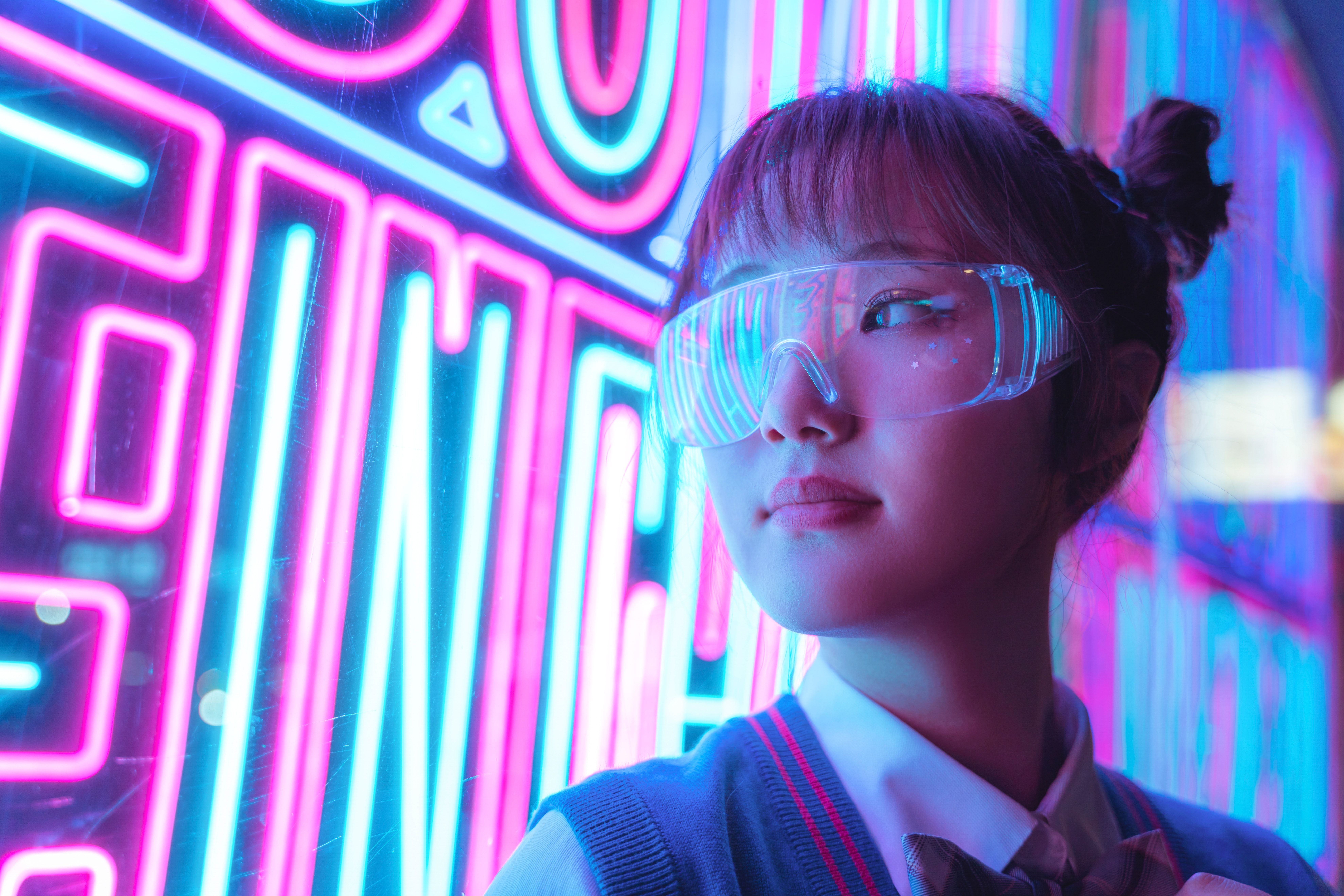 Girl 4K Wallpaper, Neon Lights, Purple, Glow, Cyberpunk, Asian, Neon glow, 5K, 8K, People