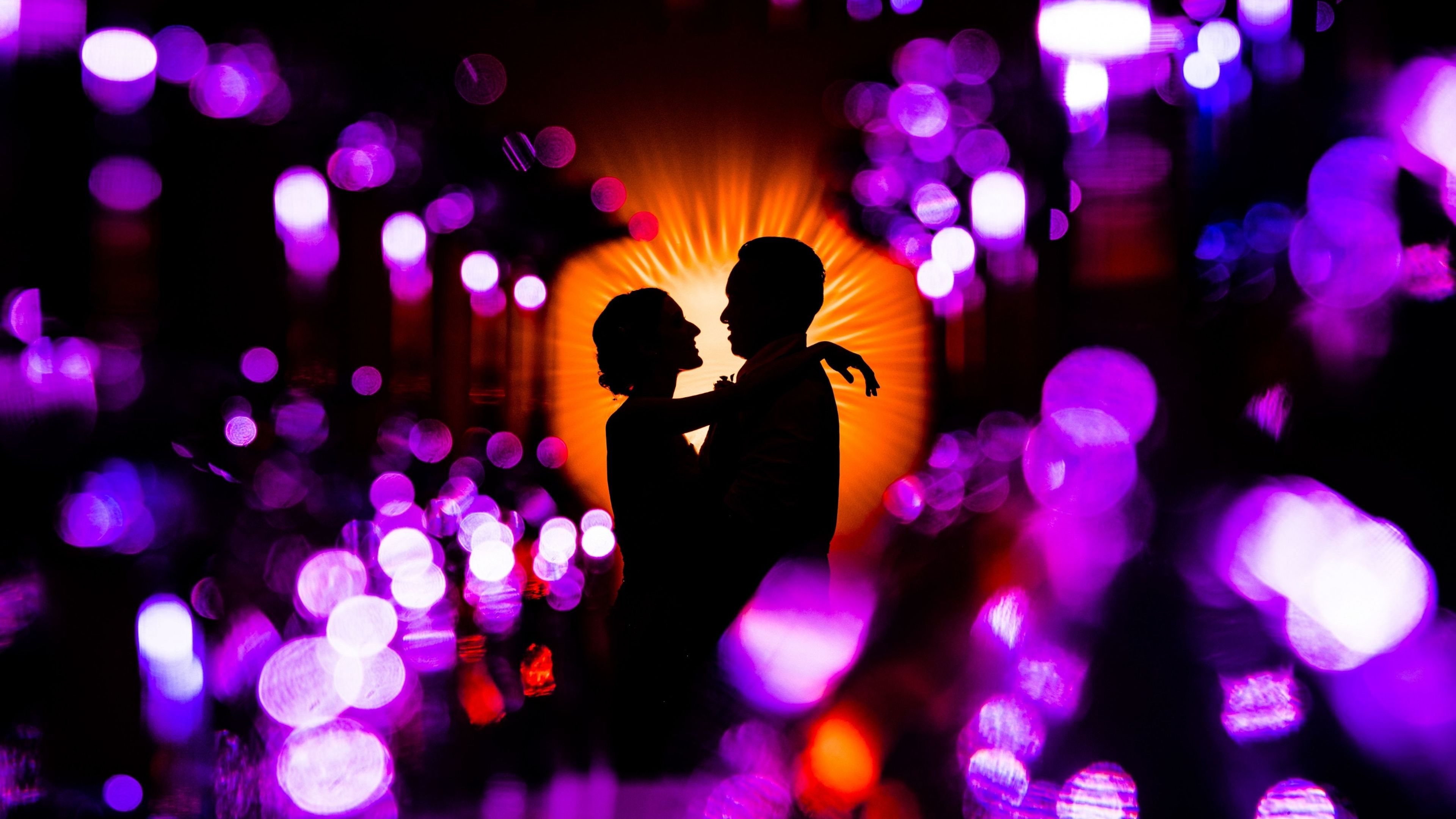 Download 3840x2160 wallpaper couple, romantic love, silhouette, bokeh, purple, 4k, uhd 16: widescreen, 3840x2160 HD image, background, 15289