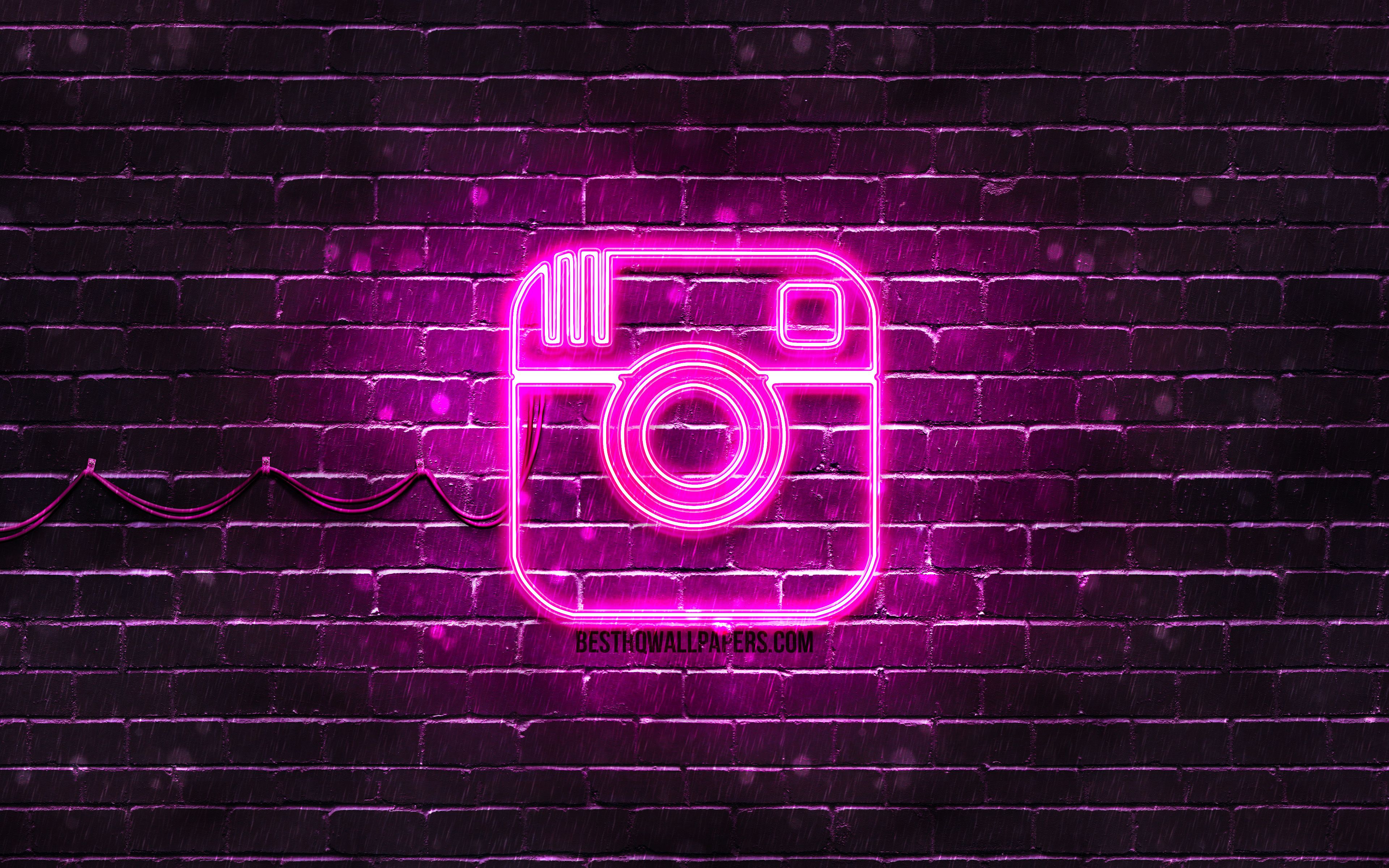 Download wallpaper Instagram purple logo, 4k, purple brickwall, Instagram logo, brands, Instagram neon logo, Instagram for desktop with resolution 3840x2400. High Quality HD picture wallpaper
