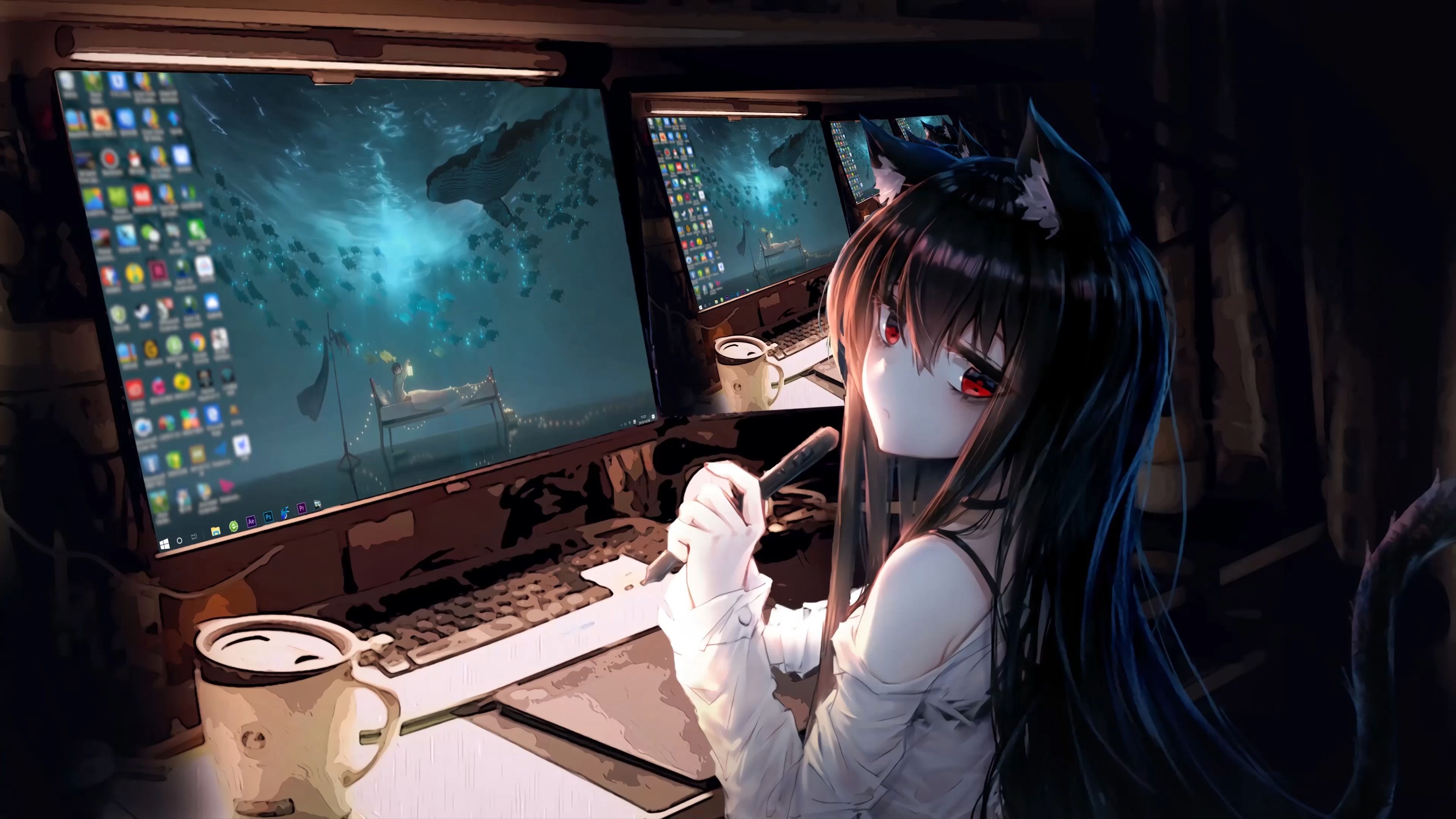 Girl and Computer 少女とコンピューター 4K [Wallpaper Engine Anime]