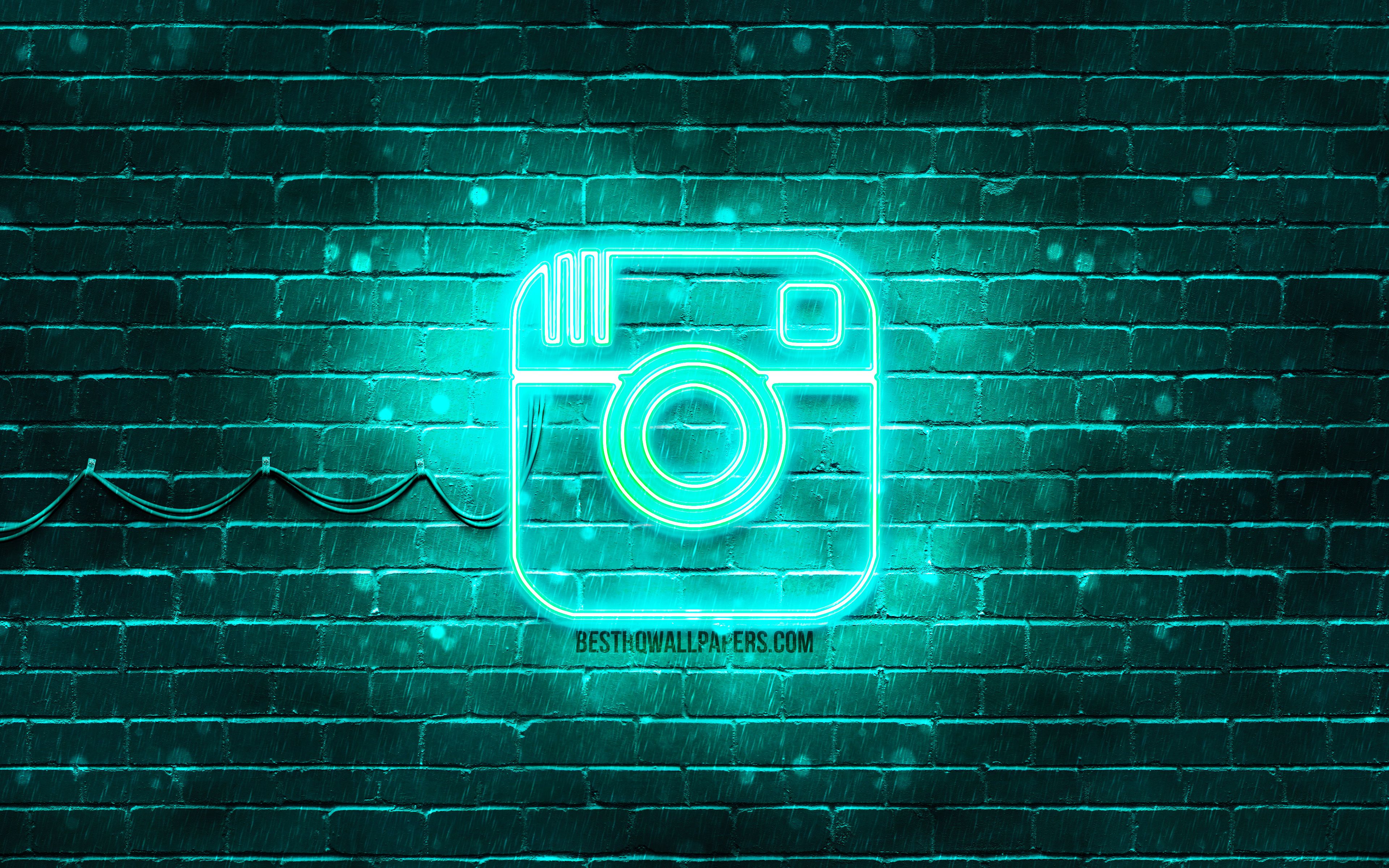 Download wallpaper Instagram turquoise logo, 4k, turquoise brickwall, Instagram logo, brands, Instagram neon logo, Instagram for desktop with resolution 3840x2400. High Quality HD picture wallpaper