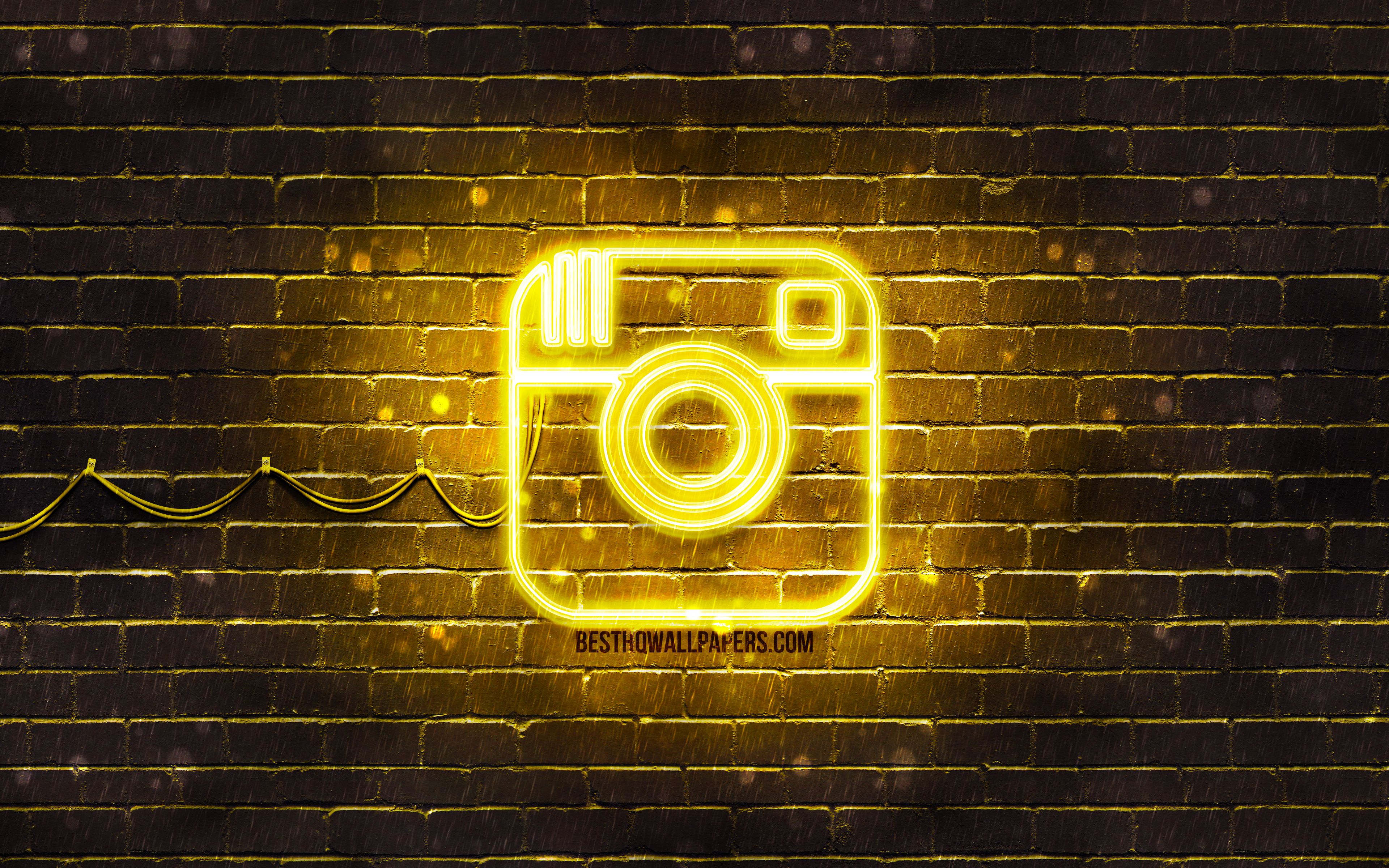 Download wallpaper Instagram yellow logo, 4k, yellow brickwall, Instagram logo, brands, Instagram neon logo, Instagram for desktop with resolution 3840x2400. High Quality HD picture wallpaper
