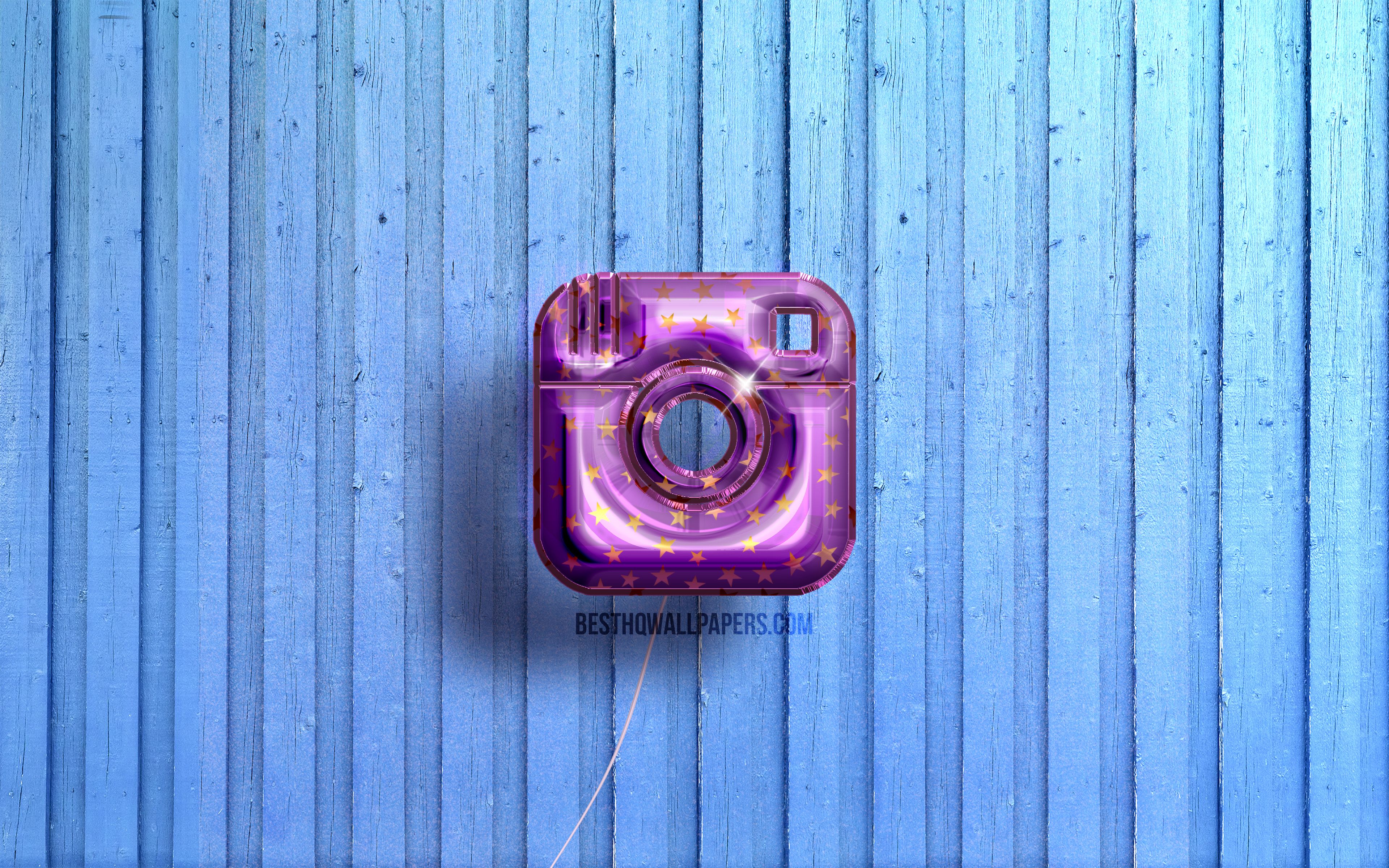 Download wallpaper 4k, Instagram logo, violet realistic balloons, social network, Instagram 3D logo, blue wooden background, Instagram for desktop with resolution 3840x2400. High Quality HD picture wallpaper