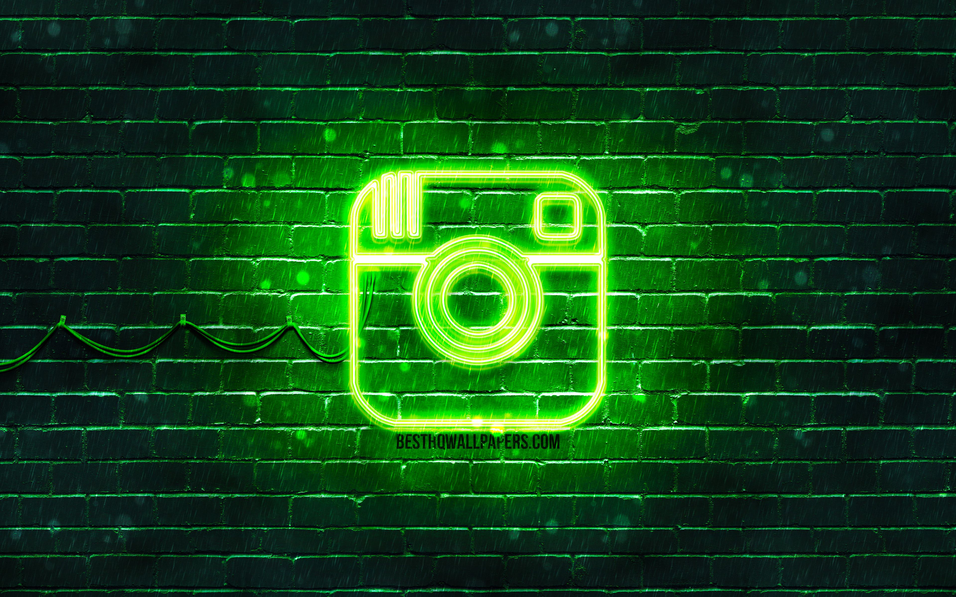 Download wallpaper Instagram green logo, 4k, green brickwall, Instagram logo, brands, Instagram neon logo, Instagram for desktop with resolution 3840x2400. High Quality HD picture wallpaper