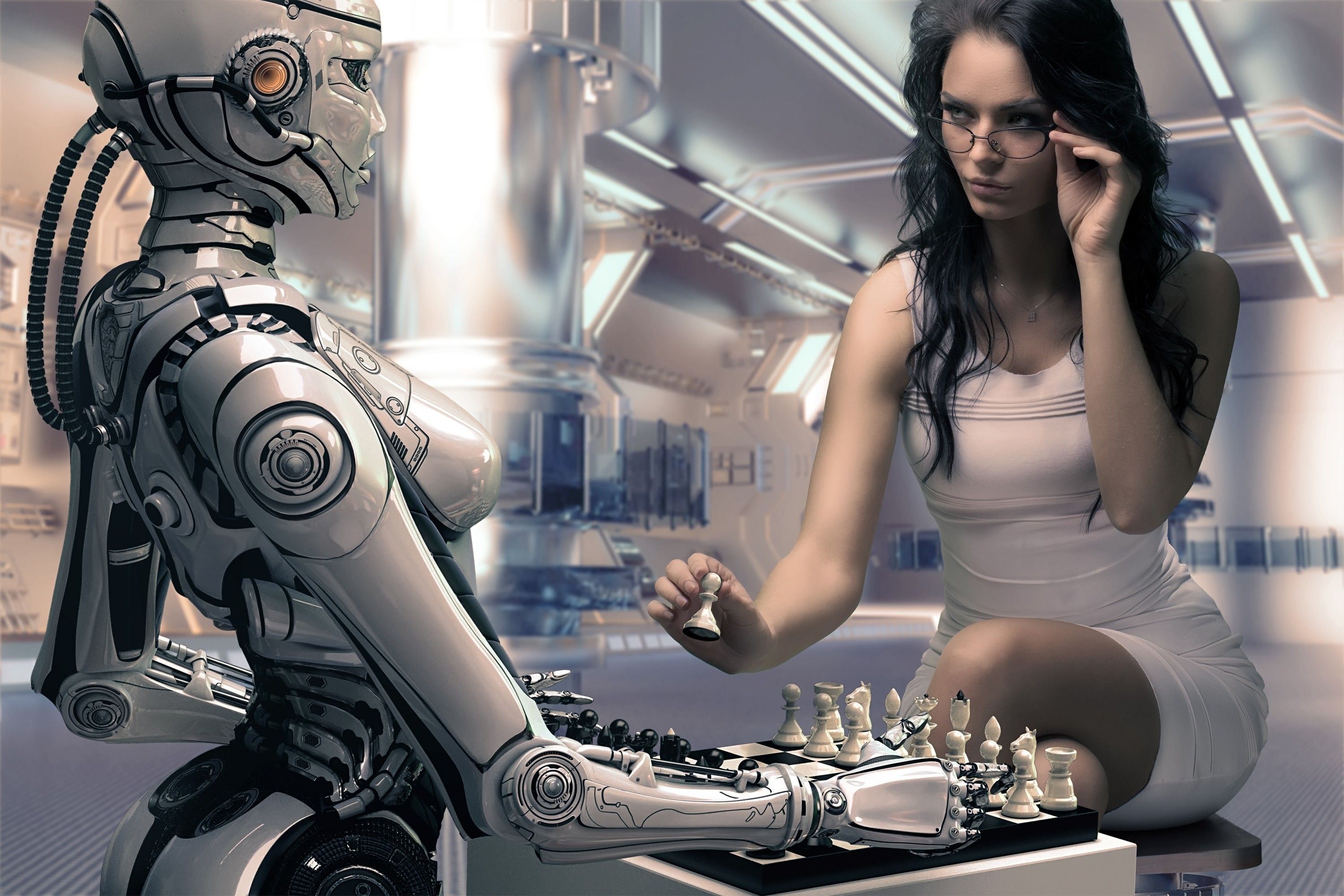 Digital Art Robot Women Chess Wallpaper:3000x2000