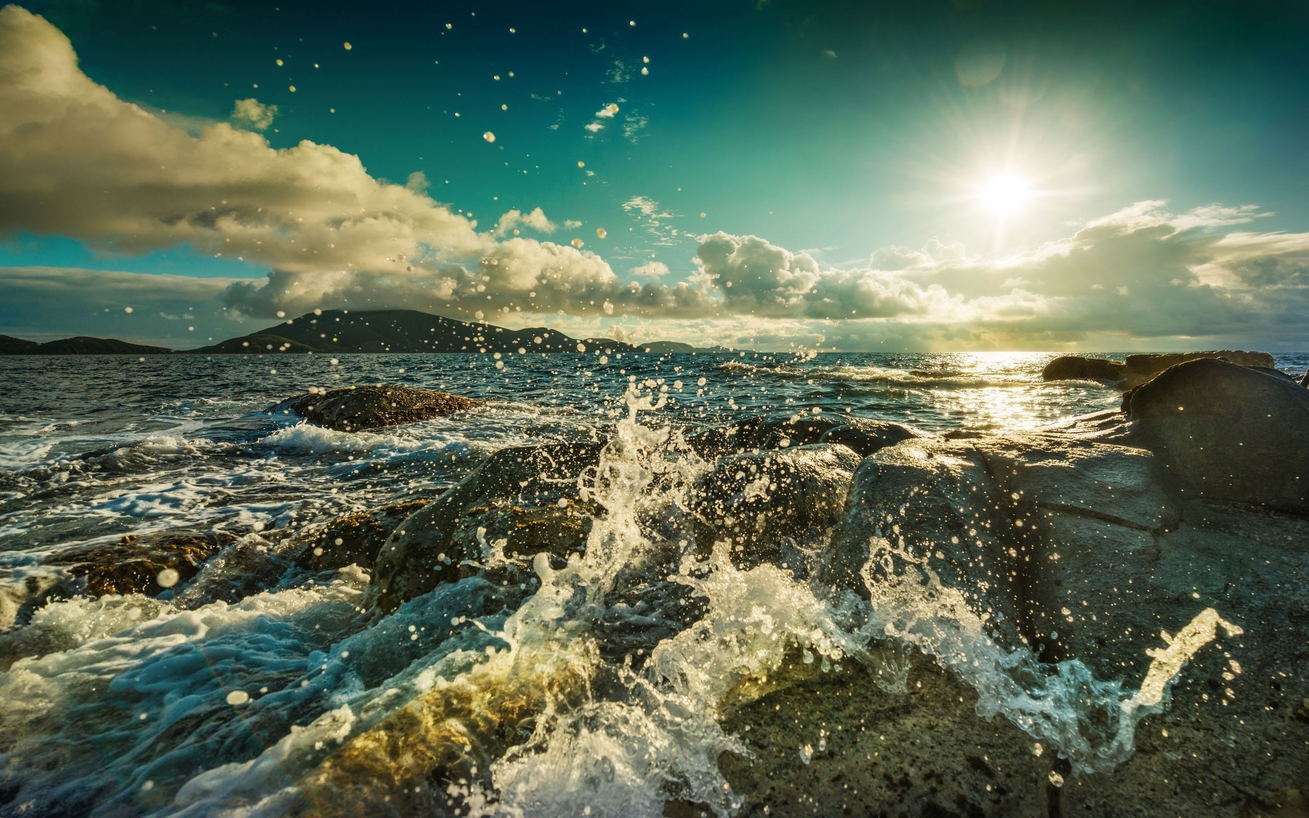mountains, clouds, landscapes, sea, waves, sunlight, seascapes, skyscapes wallpaper