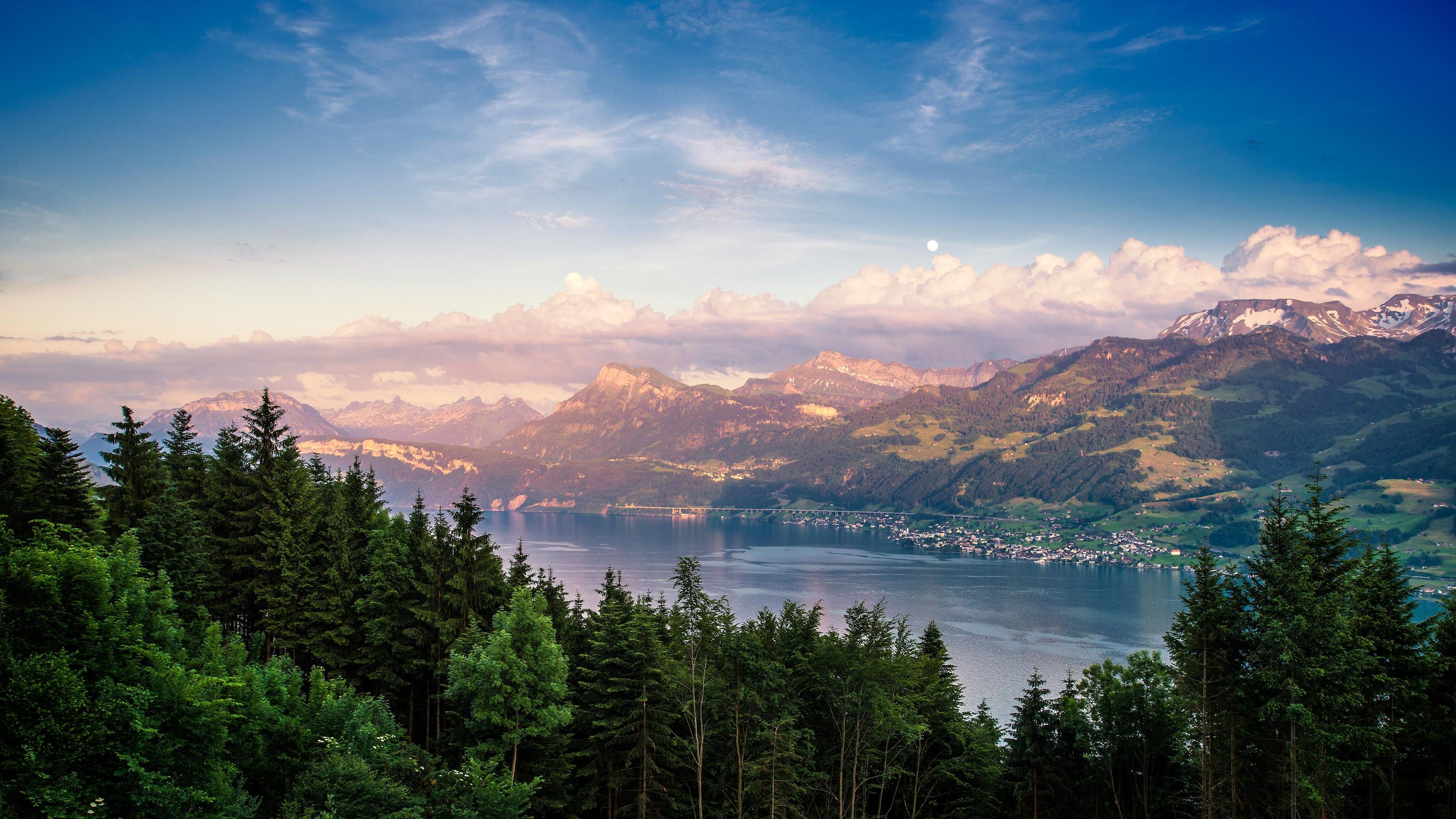 Wallpaper Lake Zurich, forest, sky, mountains, 4k, Nature