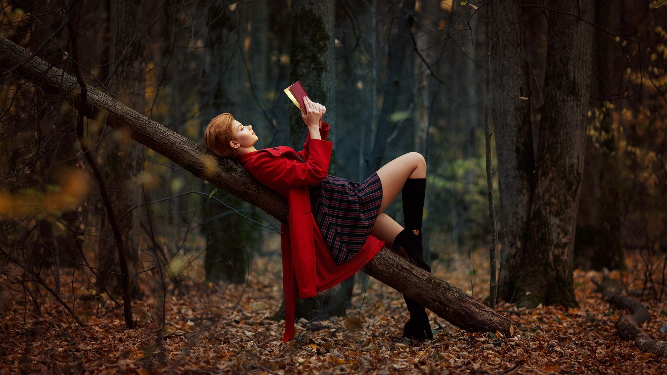 Anastasia Zhilina Women Model Redhead Profile Outdoors Forest Trees Log Coats Red Coat Dress Boots R Wallpaper:2133x1200