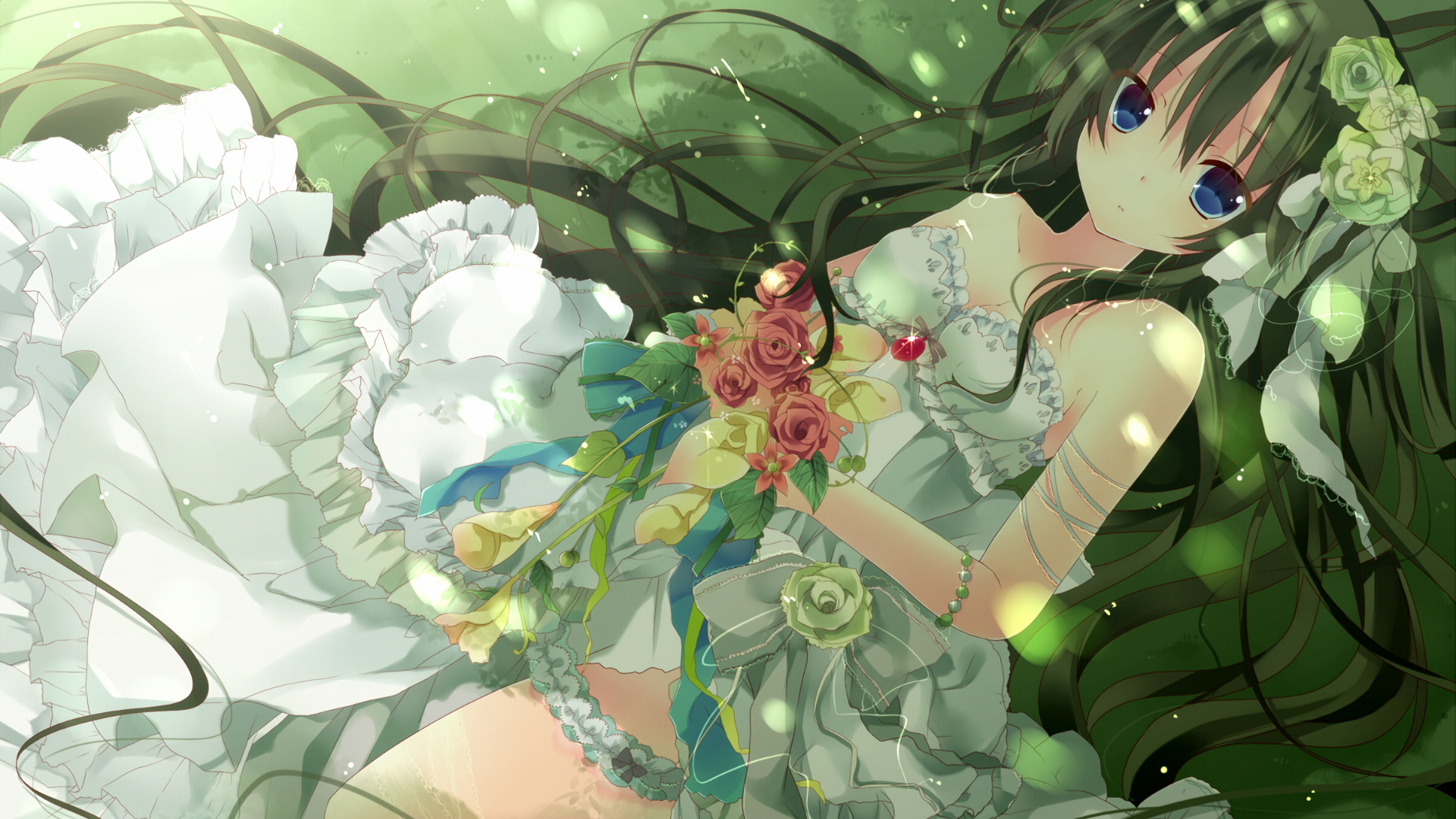 Download 1920x1080 Anime Girl, Wedding Dress, Lying Down, Flowers Wallpaper for Widescreen
