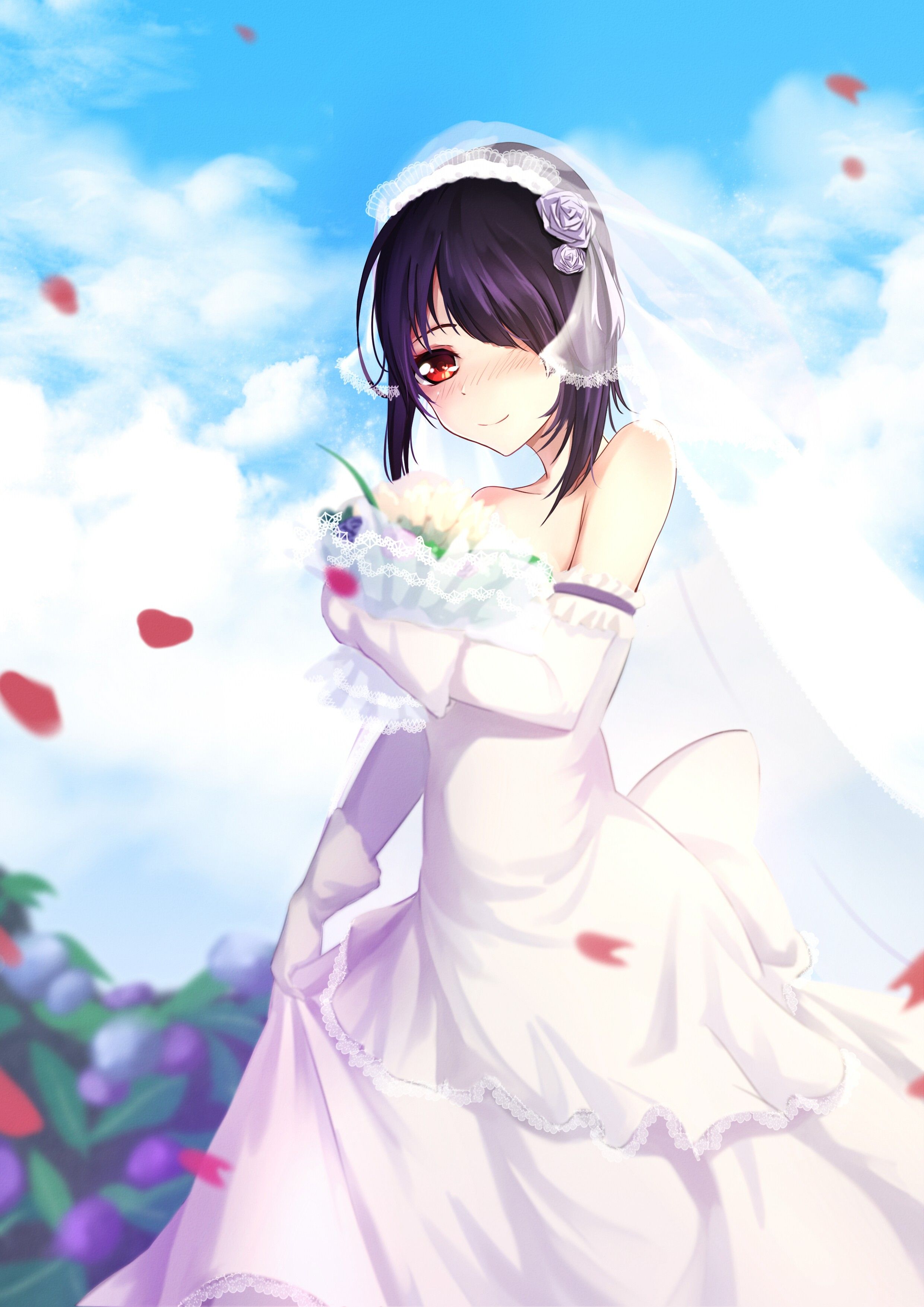 Wallpaper, illustration, anime girls, short hair, red eyes, wedding dress, mangaka 2480x3507