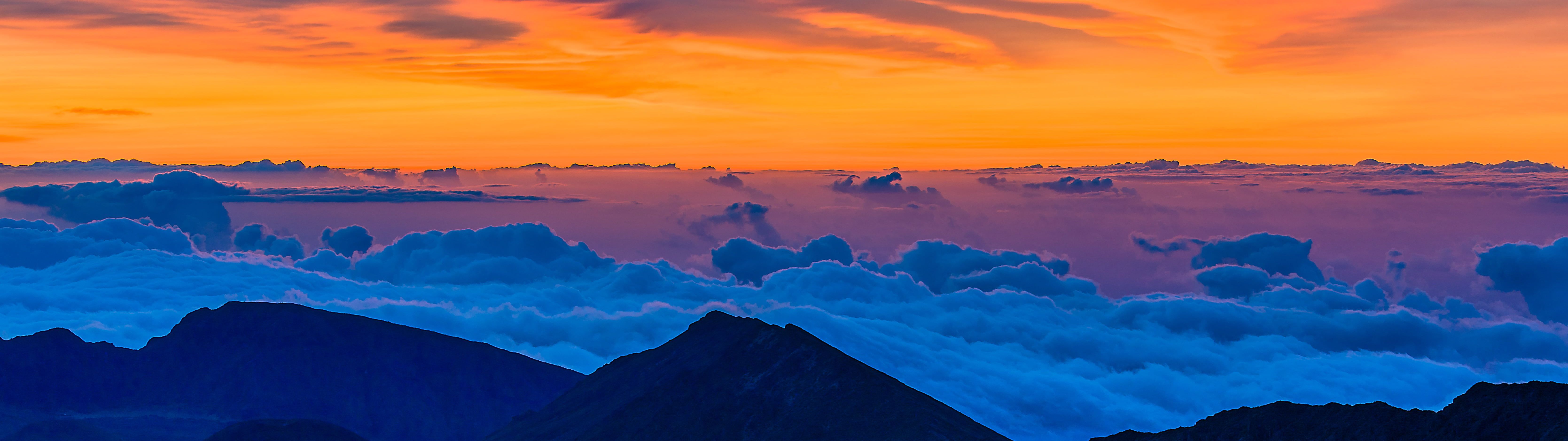 silhouette of mountain #Hawaii #Haleakala dawn #landscape #mountains #clouds #sky #sunrise #orange #blue #purple :9 dual d. Landscape, Wallpaper, HD wallpaper