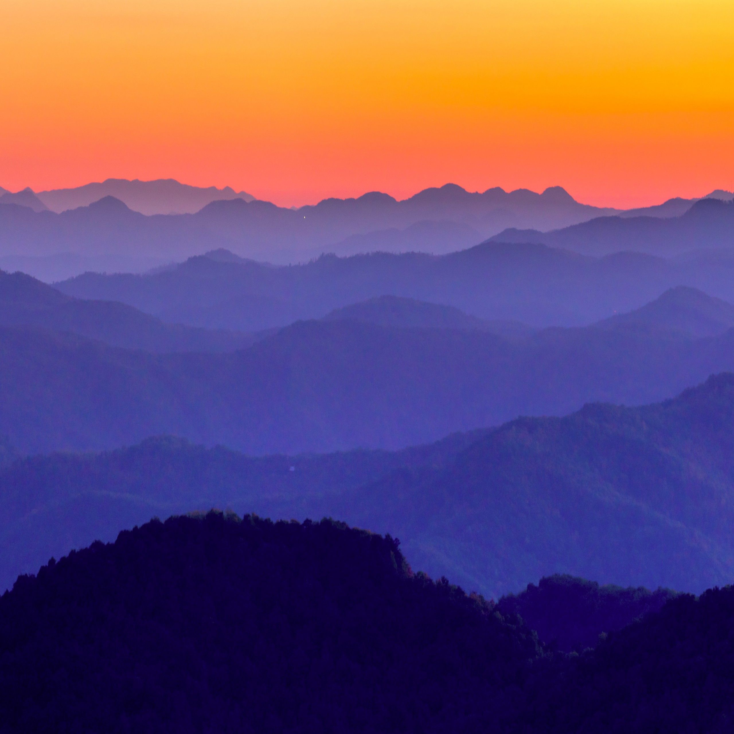 Blue Ridge Mountains 4K Wallpaper, United States of America, Aerial View, Orange Sky, Foggy, Landscape, Nature