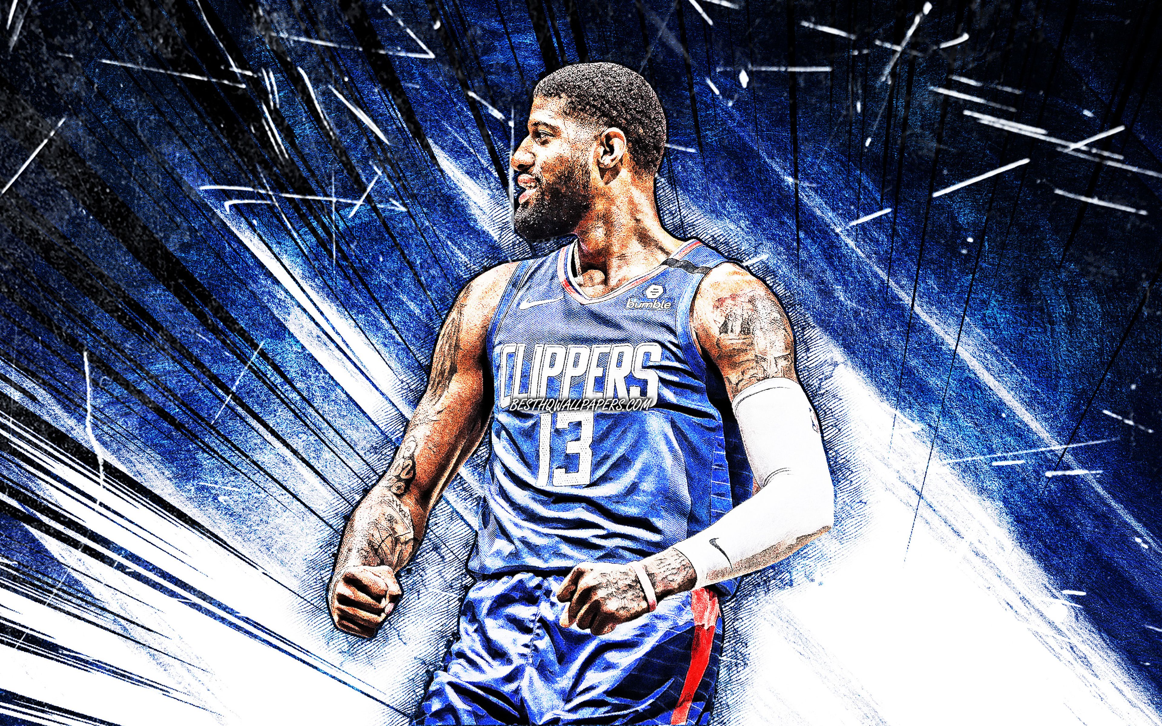 Download wallpaper 4k, Paul George, grunge art, Los Angeles Clippers, NBA, basketball, blue abstract rays, Paul Clifton Anthony George, USA, Paul George Los Angeles Clippers, creative, Paul George 4K, LA Clippers for