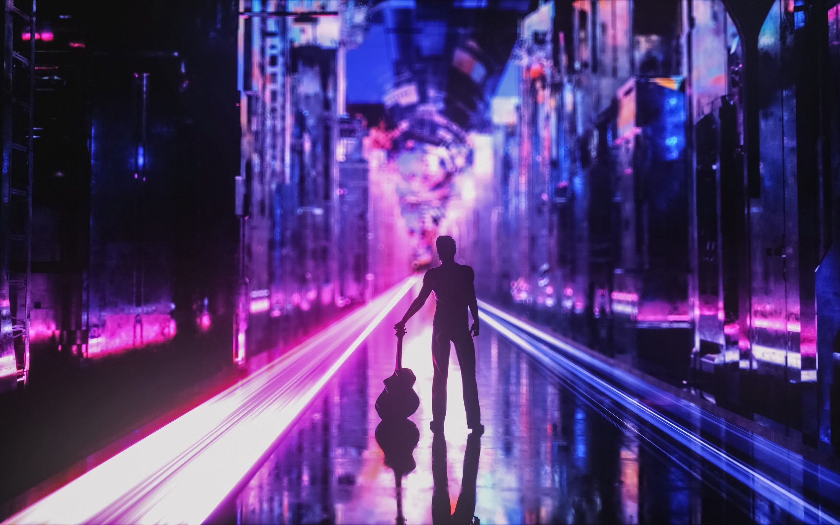Neon 4K Wallpaper, Guitar, Musician, Silhouette, Cyberpunk, Future city, Aesthetic, Graphics CGI