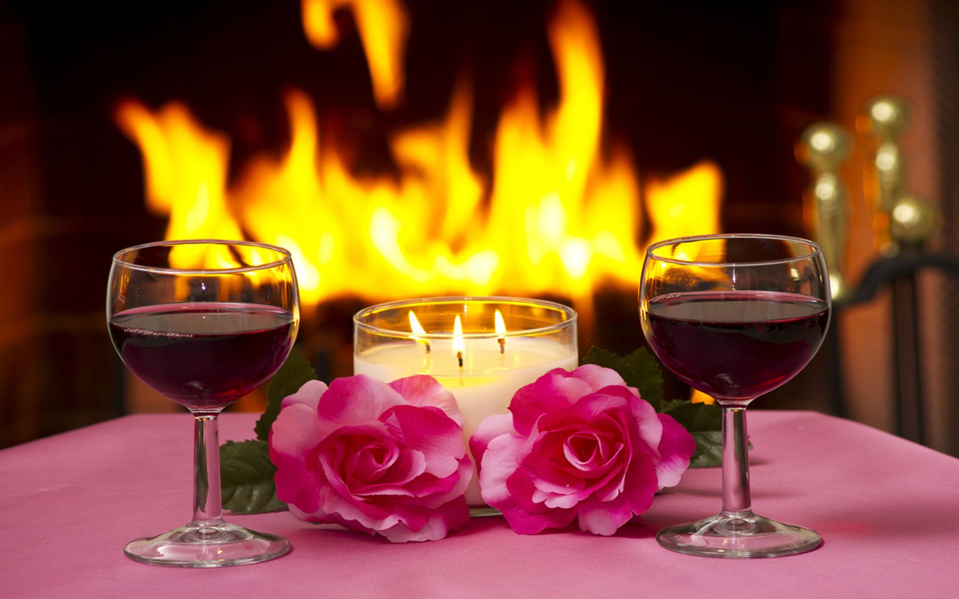 Massa Two Pink Roses Lamp Lit Candles, Two Glasses Of Red Wine, A Fireplace With A Fire Lit Romantic Evening For Two Wallpaper HD For Mobile Phone, Wallpaper13.com