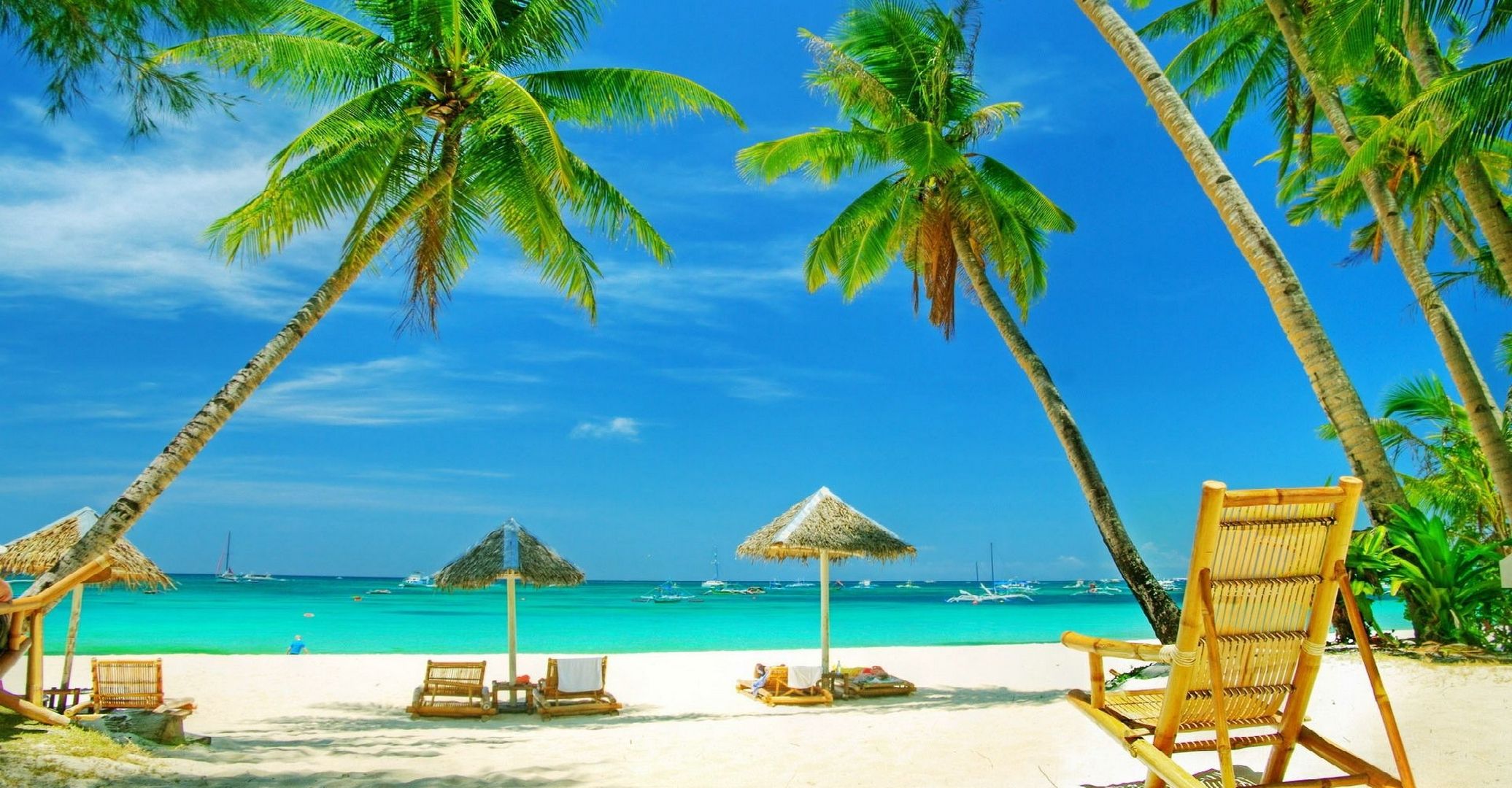 palm trees, sea, boats, holidays, beautiful, beach, white sand, tropical, chairs, sunshades, travel, summer, paradise wallpaper