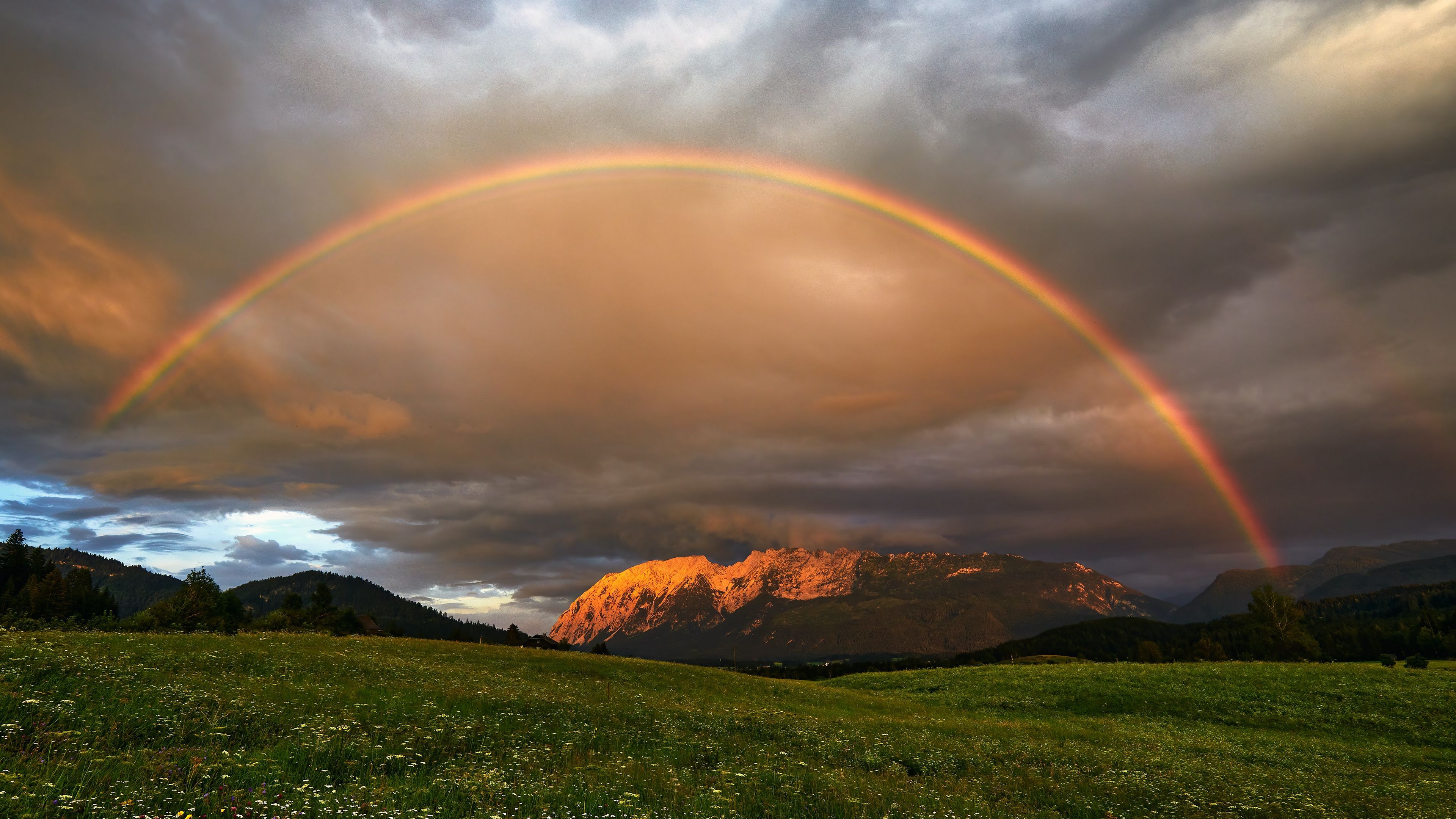 Download wallpaper 3840x2160 rainbow, meadow, mountains, nature, landscape 4k uhd 16:9 HD background