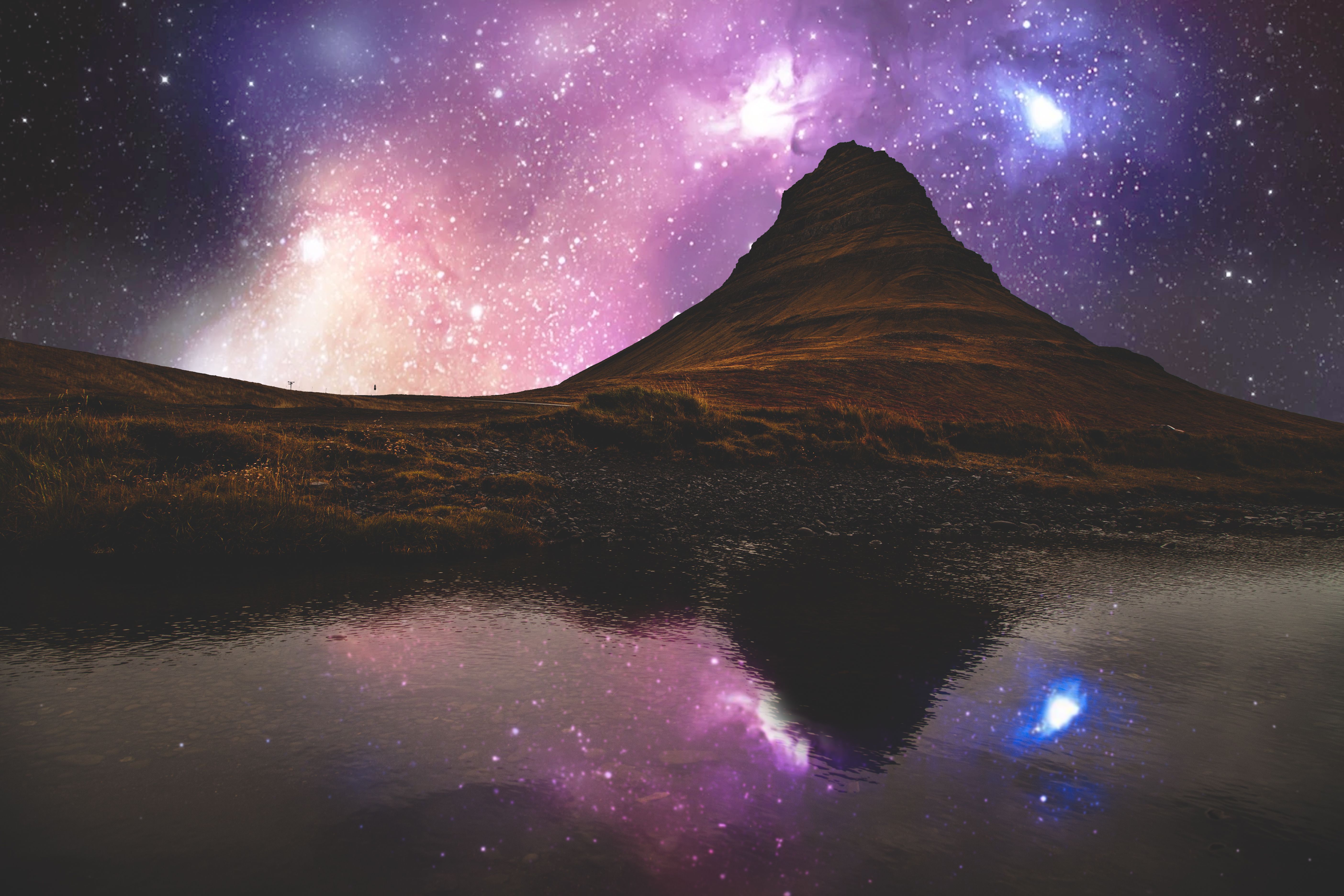 Landscape 4K Wallpaper, Mountains, Starry Sky, Nebula, Outer space, Body of Water, Reflection, Nature