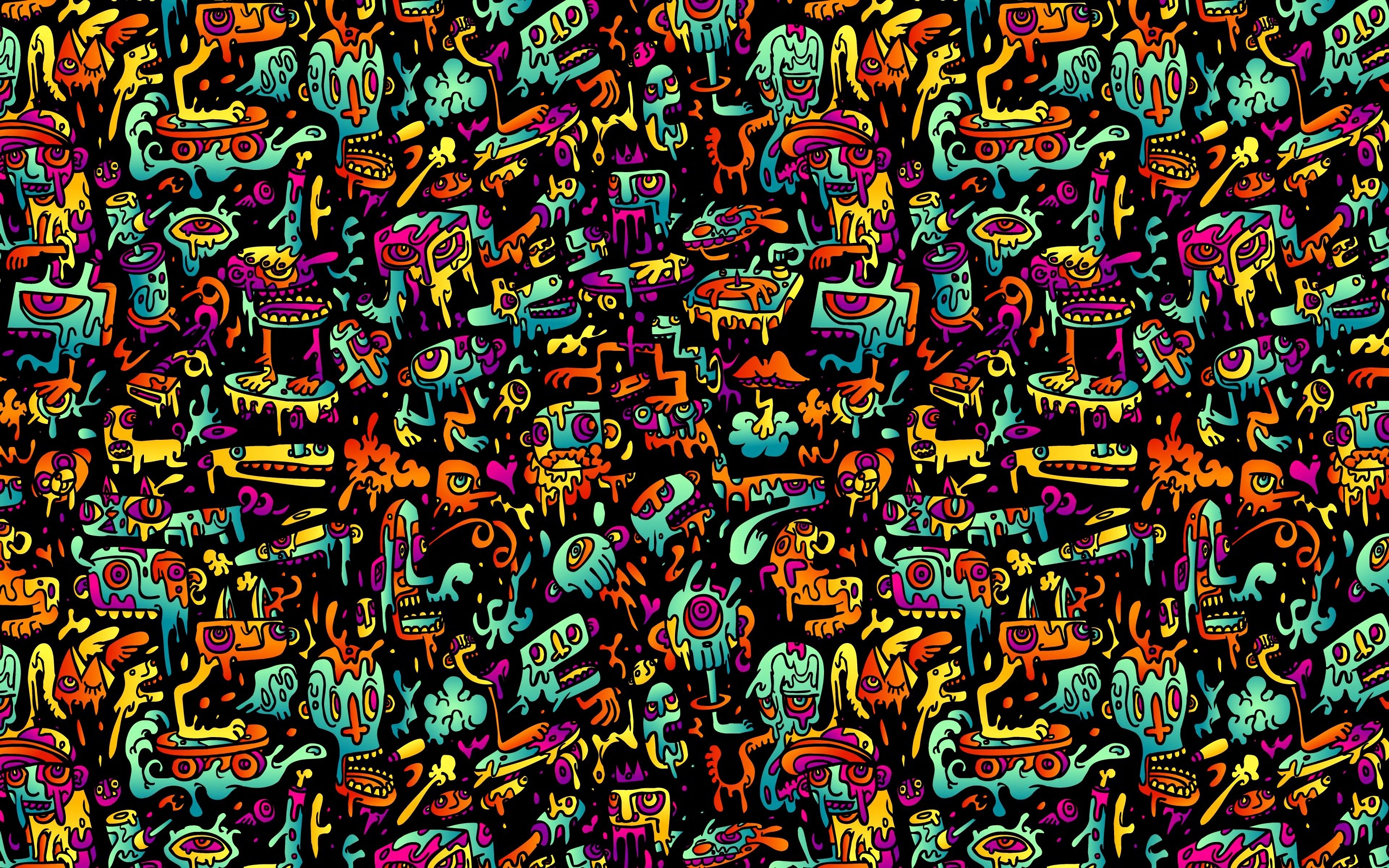 Download wallpaper 4k, cartoon monsters pattern, abstract patterns, background with monsters, creative, monsters textures, cartoon monsters background, monsters patterns for desktop with resolution 3840x2400. High Quality HD picture wallpaper