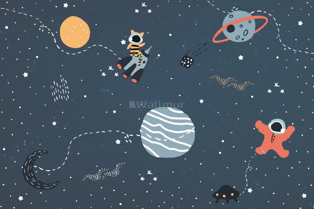 Dark Blue Cartoon Space with Colorful Planets and Little Stars Wallpaper Mural • Wallmur®