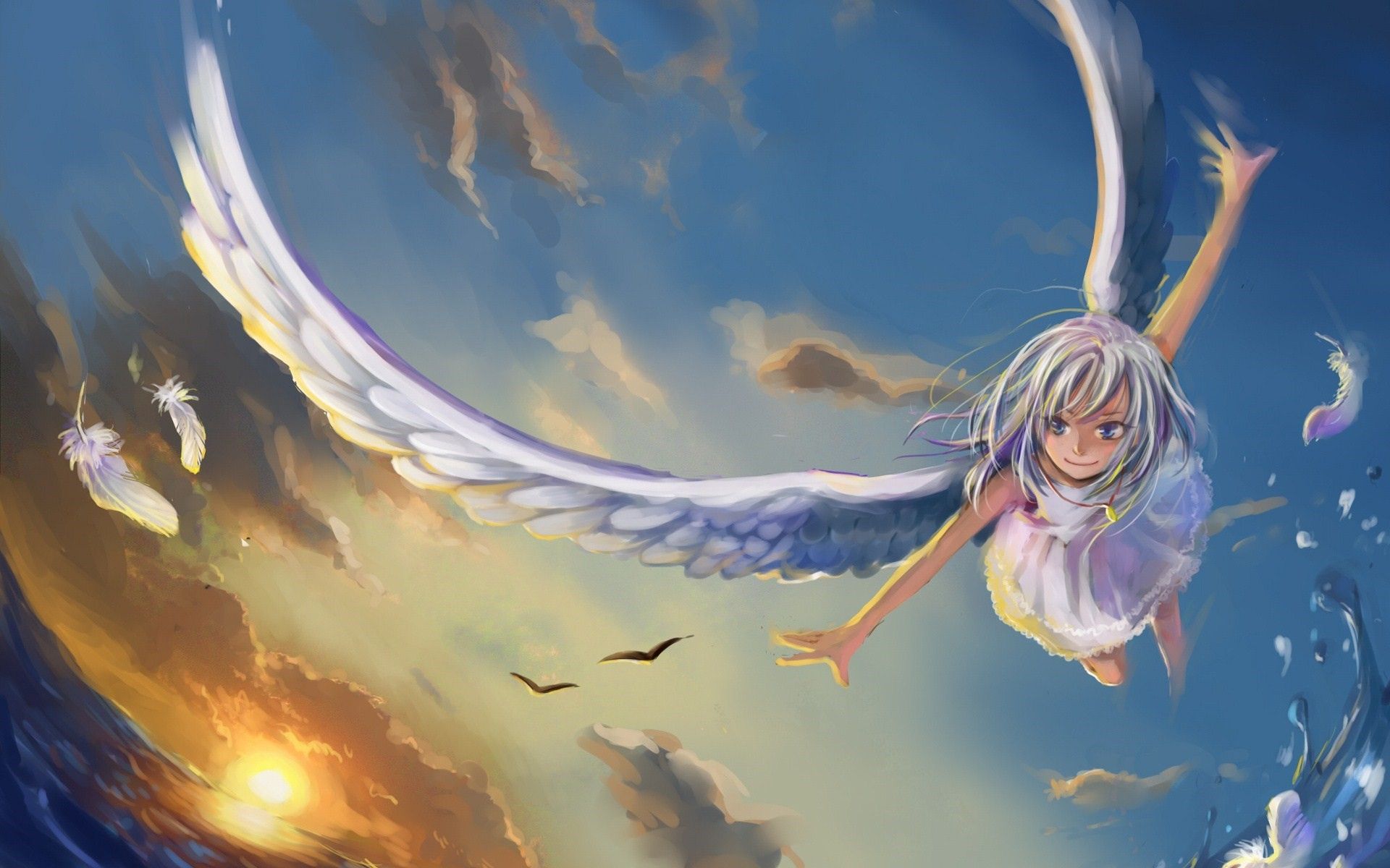 Angel Anime Birds Girl Wings HD Wallpaper Download HD Background Image Mac Colourful Cool High Definition 4k 1920x1200. Full HD Wallpaper