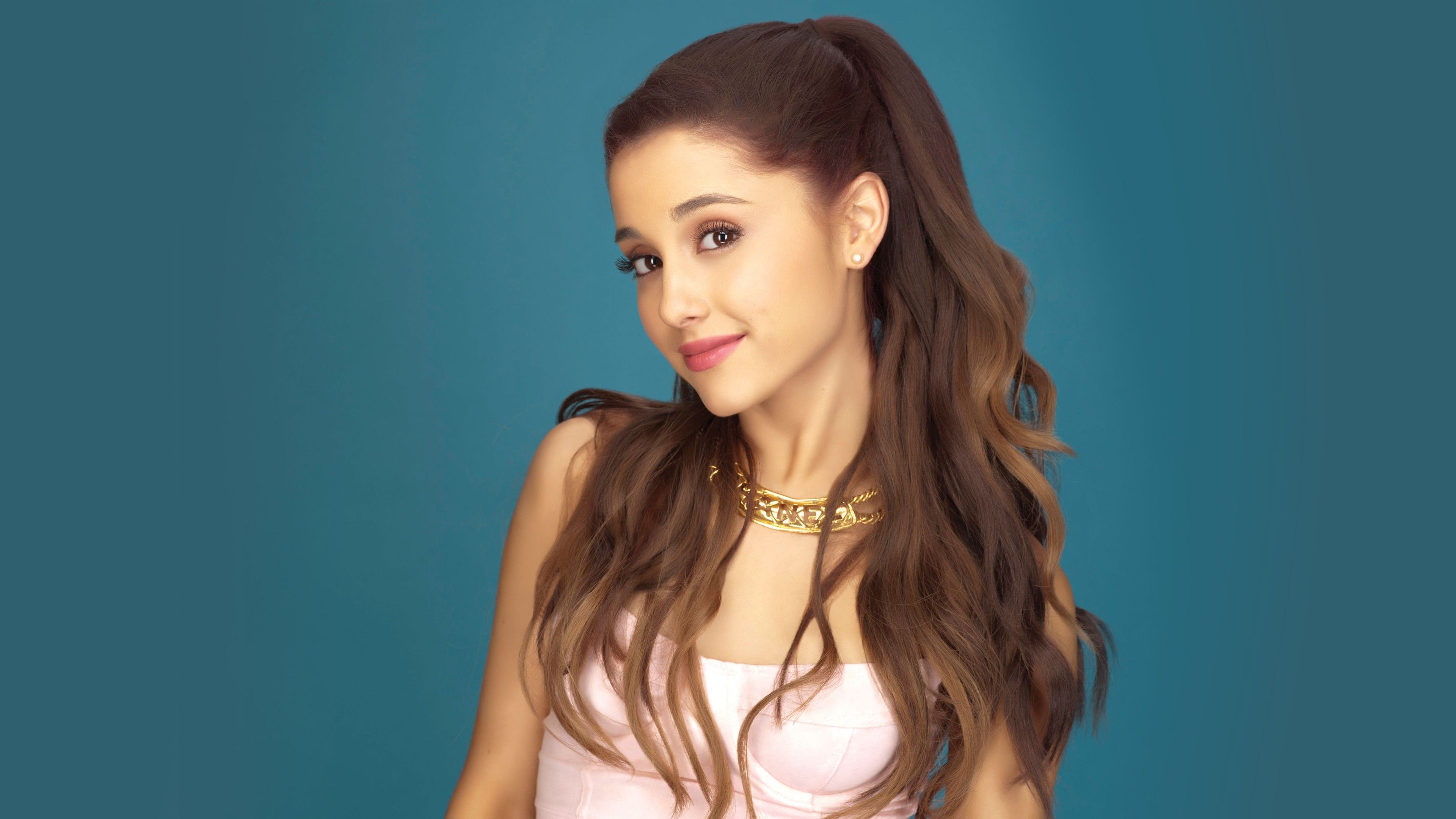 Brown Hair Ariana Grande With Pink Dress In Blue Background 4K HD Ariana Grande Wallpaper