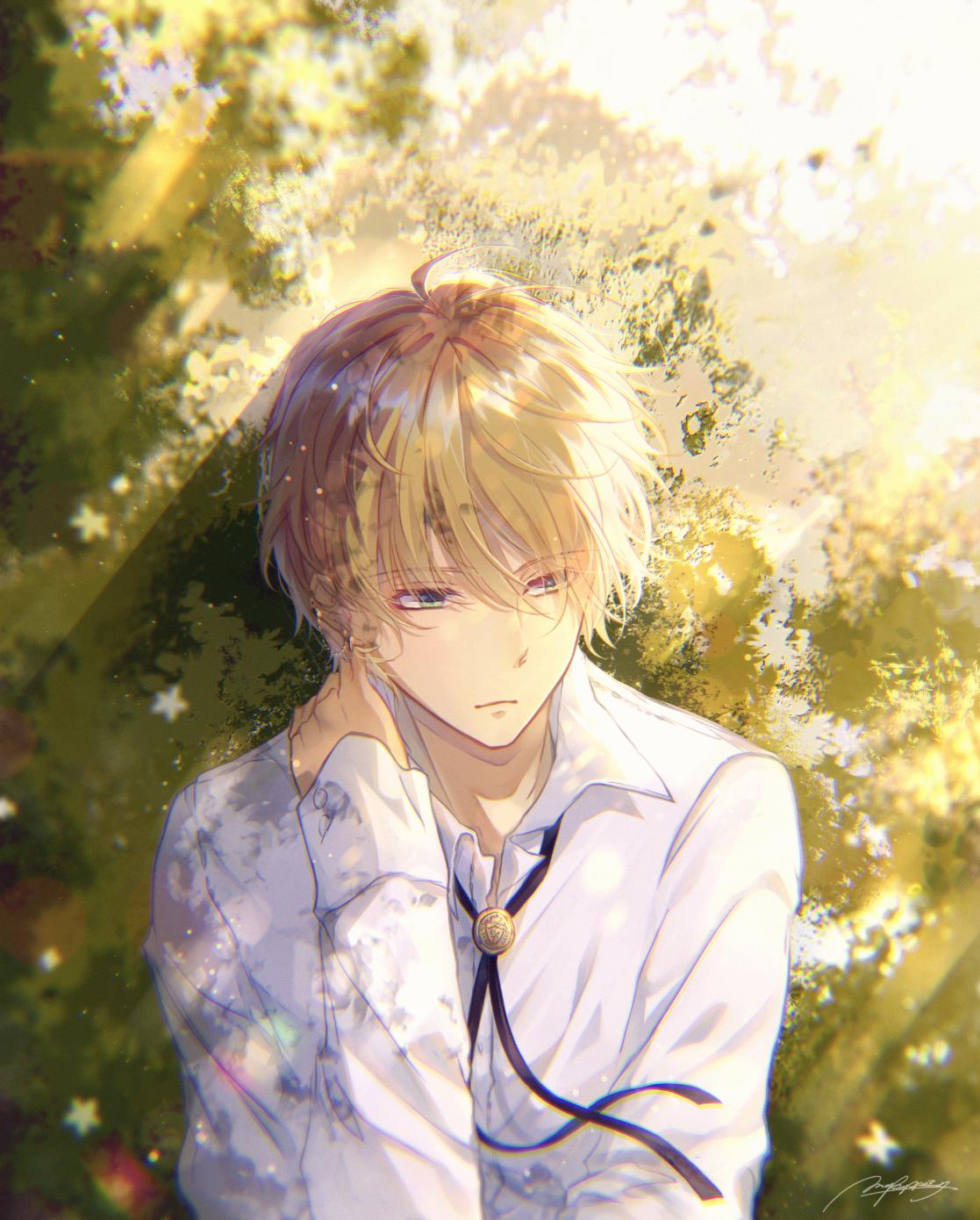 Wallpaper, anime, male, blonde, sunlight, white flowers, shrubbery, plants, green eyes, wind 1117x1390