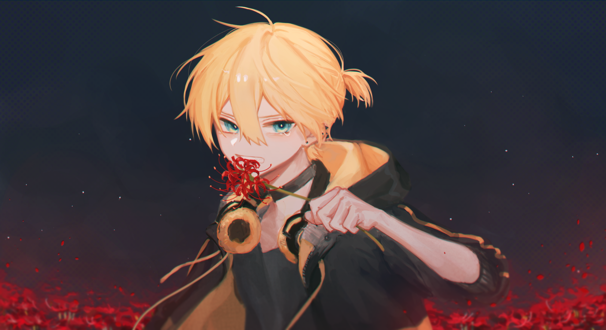 Wallpaper, Vocaloid, Kagamine Len, anime boys, blonde, headphones, jacket, dark background, blue eyes 1980x1080