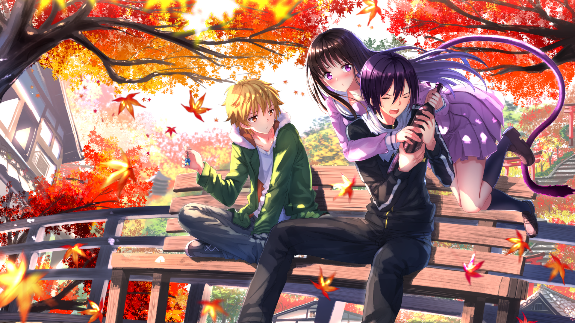 Wallpaper, fall, leaves, blonde, long hair, anime girls, tail, anime boys, short hair, black hair, school uniform, comics, Swordsouls, Iki Hiyori, Yato Noragami, Yukine Noragami, comic book 1920x1080