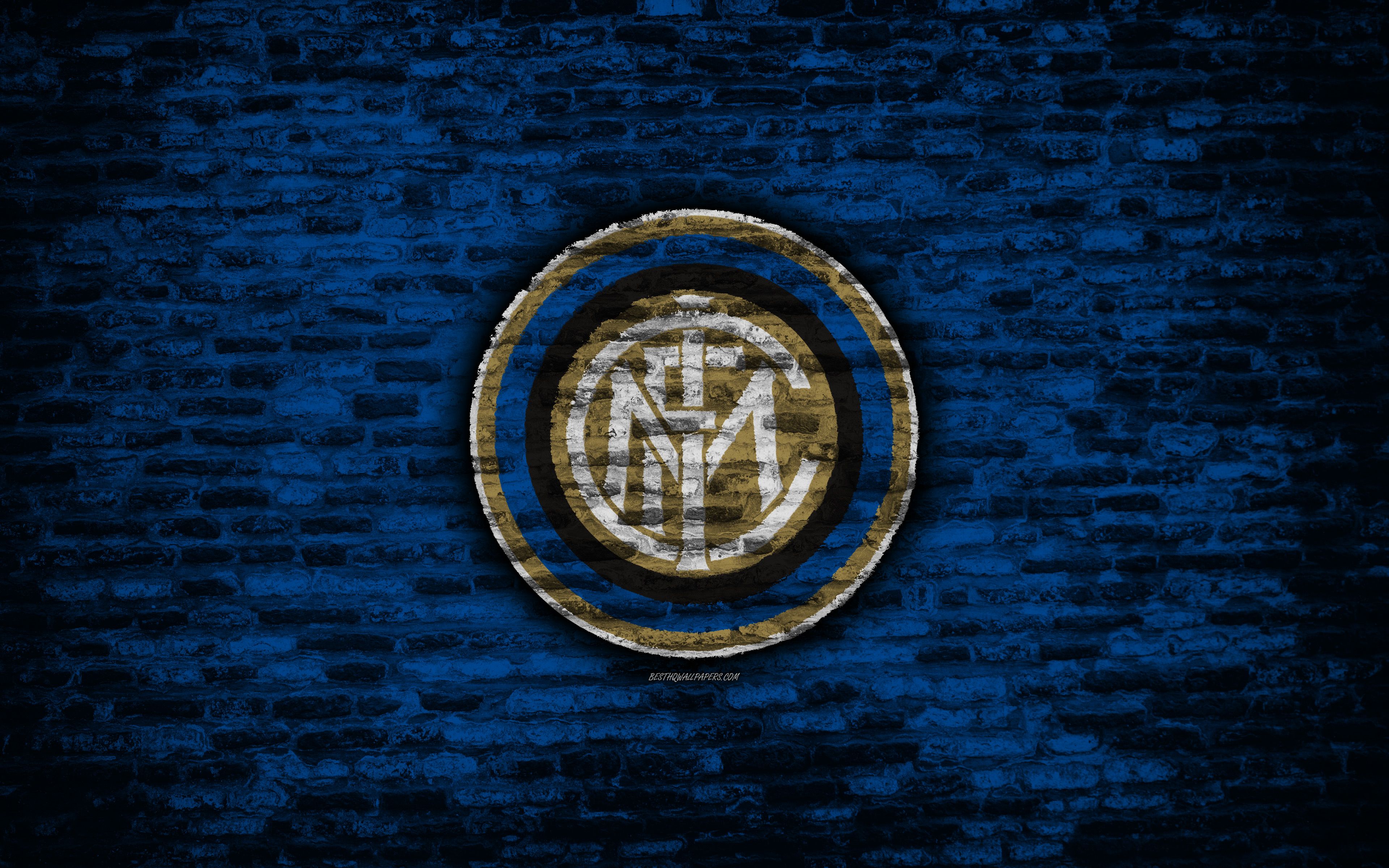 Download wallpaper Inter Milan FC, 4k, logo, brick wall, Serie A, football, Italian football club, soccer, Internazionale, brick texture, Milan, Italy for desktop with resolution 3840x2400. High Quality HD picture wallpaper