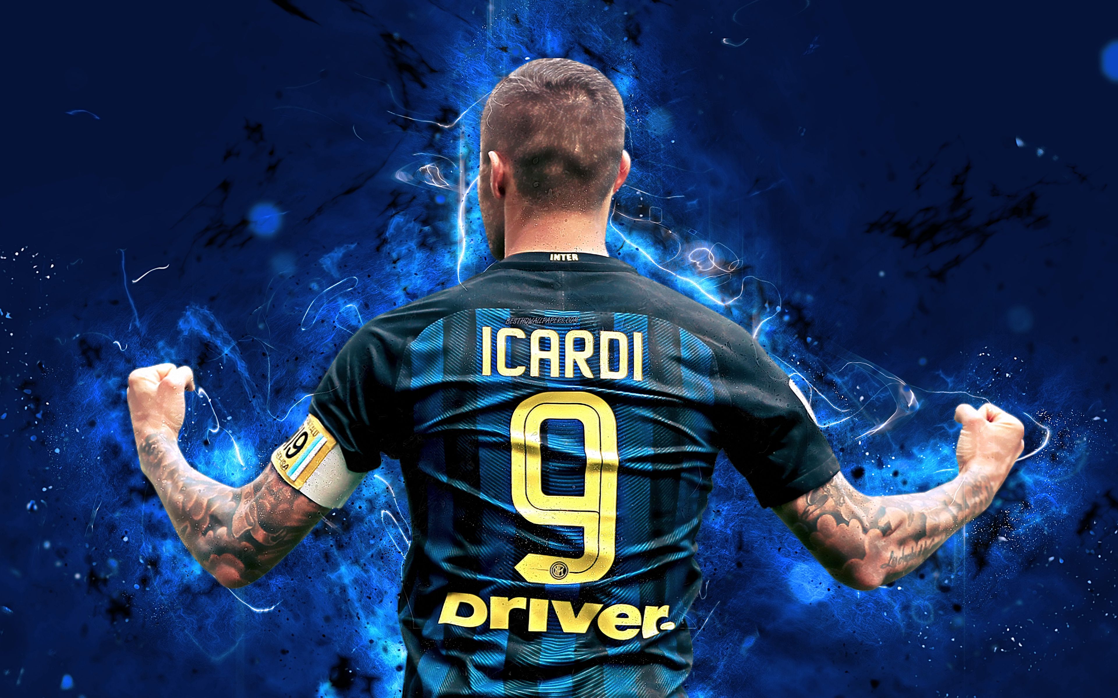 Download wallpaper 4k, Mauro Icardi, back view, abstract art, Italy, Internazionale, football, Serie A, Icardi, Inter Milan, soccer, Argentine footballer, footballers, neon lights, Inter Milan FC for desktop with resolution 3840x2400. High
