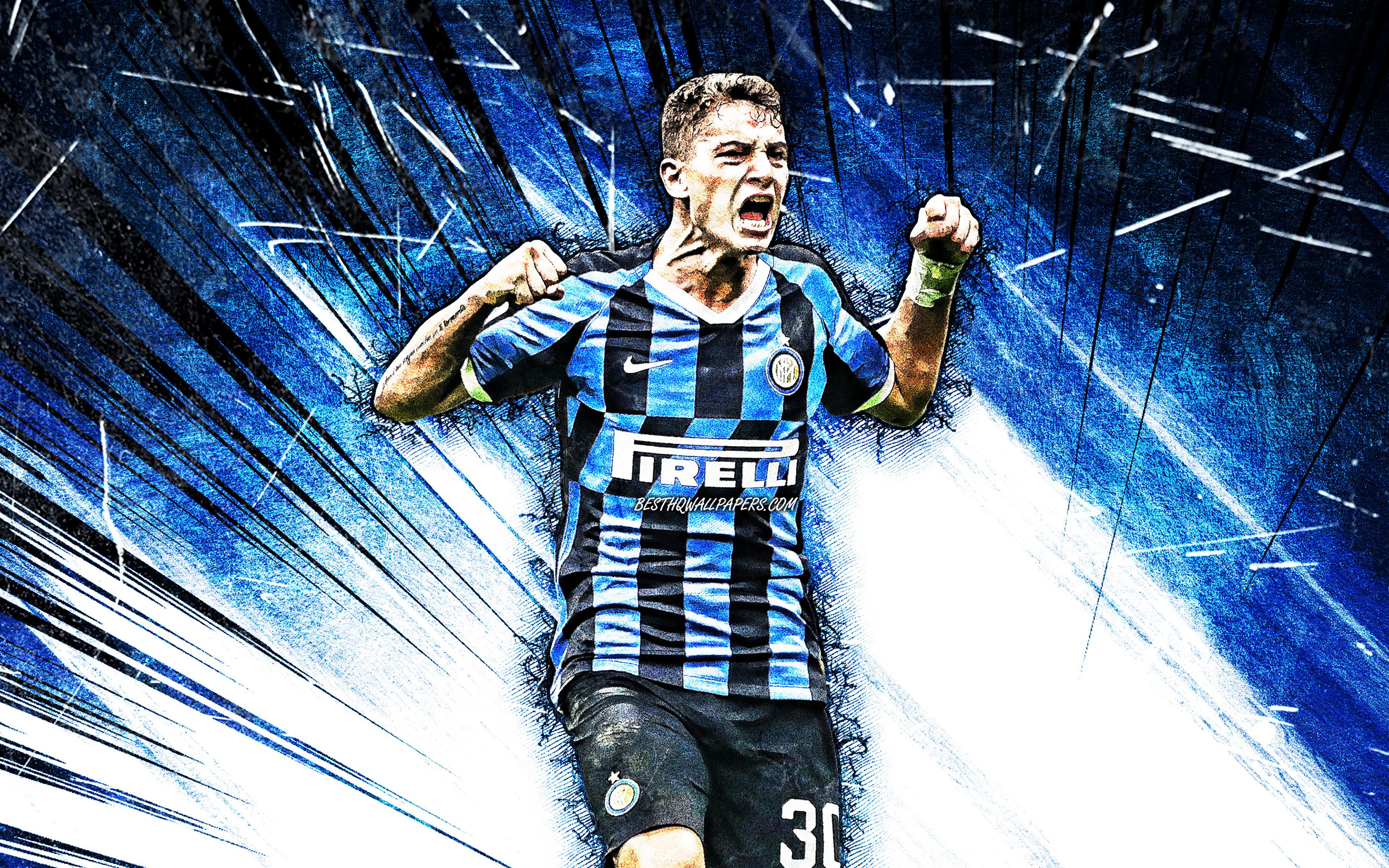Download wallpaper 4K, Sebastiano Esposito, grunge art, Internazionale, Serie A, Italian footballers, Italy, Esposito, neon lights, Inter Milan FC, soccer, football, blue abstract rays, Sebastiano Esposito Internazionale, Sebastiano Esposito 4K