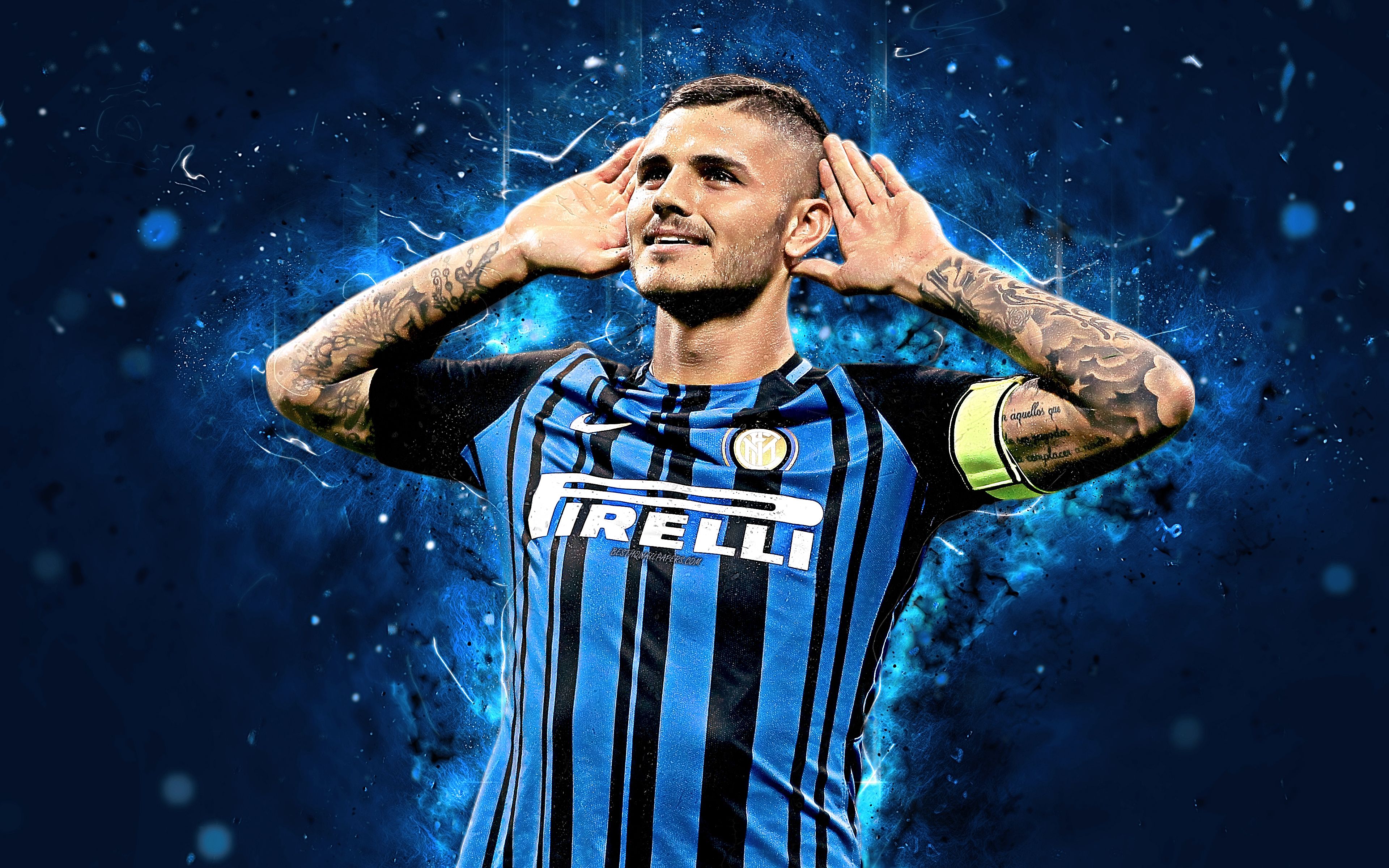 Download wallpaper Mauro Icardi, 4k, abstract art, Internazionale, football, Serie A, Icardi, Inter Milan, soccer, footballers, neon lights, Inter Milan FC for desktop with resolution 3840x2400. High Quality HD picture wallpaper
