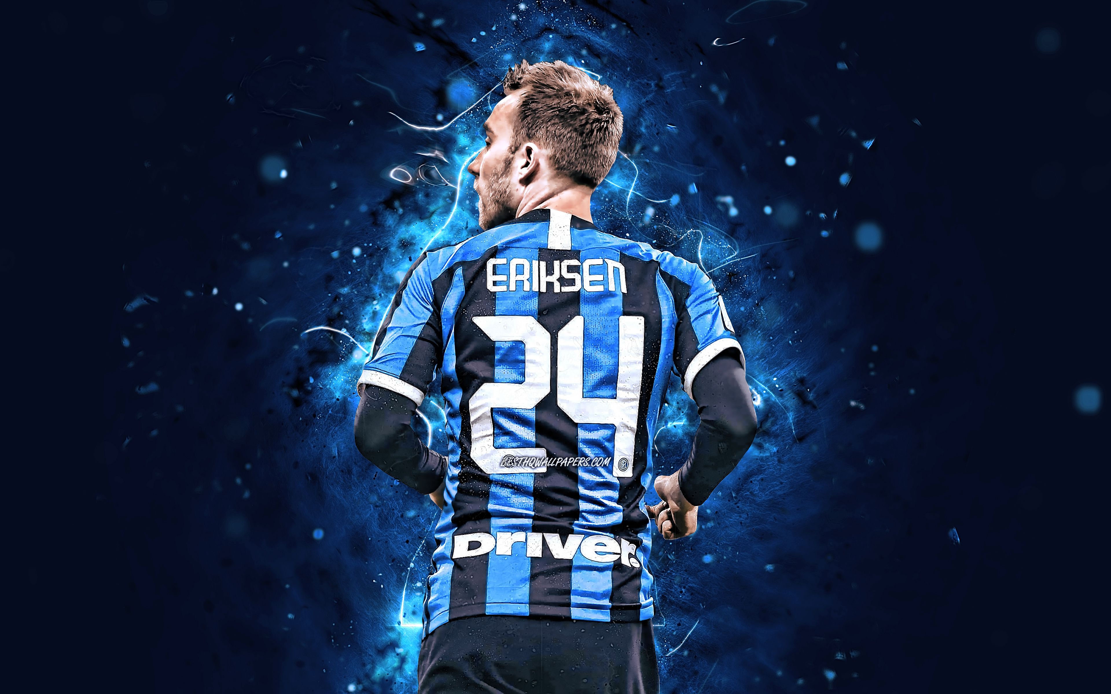 Download wallpaper 4k, Christian Eriksen, Internazionale, danish footballers, Italy, back view, Serie A, Christian Dannemann Eriksen, neon lights, Inter Milan FC, soccer, football, Christian Eriksen Internazionale for desktop with resolution