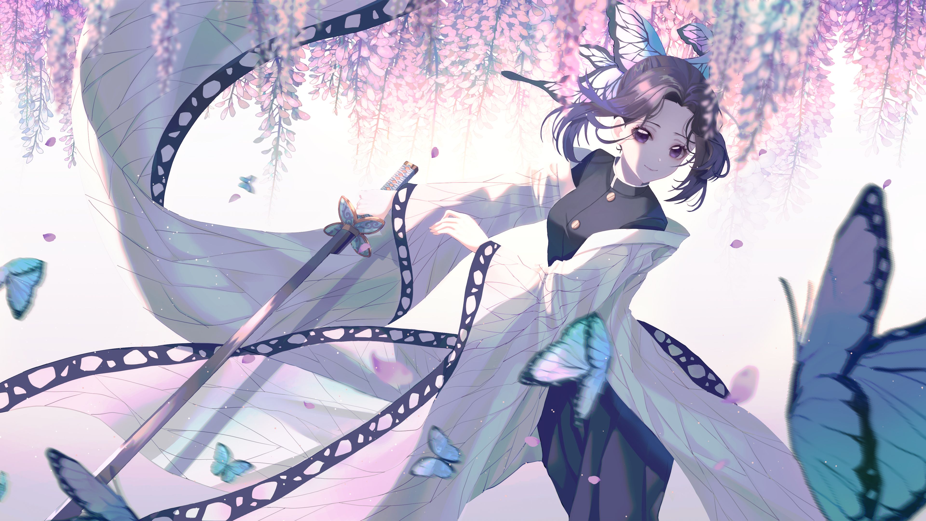 Demon Slayer Shinobu Kochou With Sword With Background Of Purple Flowers And White 4K HD Anime Wallpaper