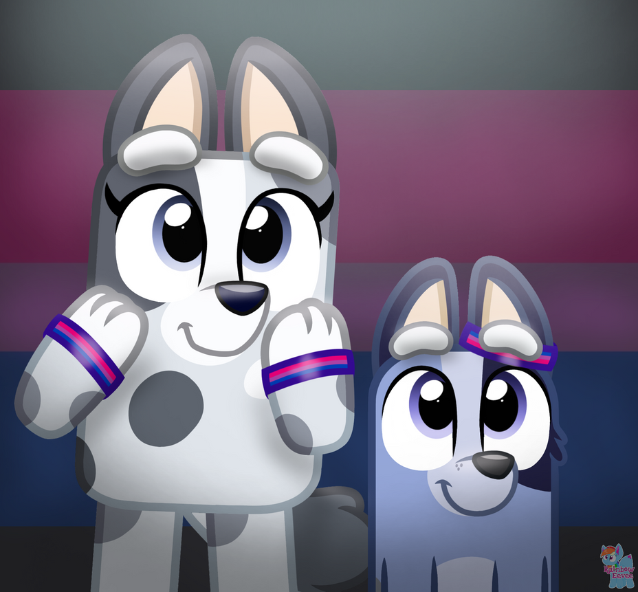 Safe, Artist:rainbow Eevee, Muffin Heeler (bluey), Socks Heeler ( Bluey), Australian Cattle Dog, Canine, Dog, Mammal, Semi Anthro, Bluey (series), Bisexual, Blue Body, Blue Fur, Duo, Duo Female, Female, Females Only, Fur