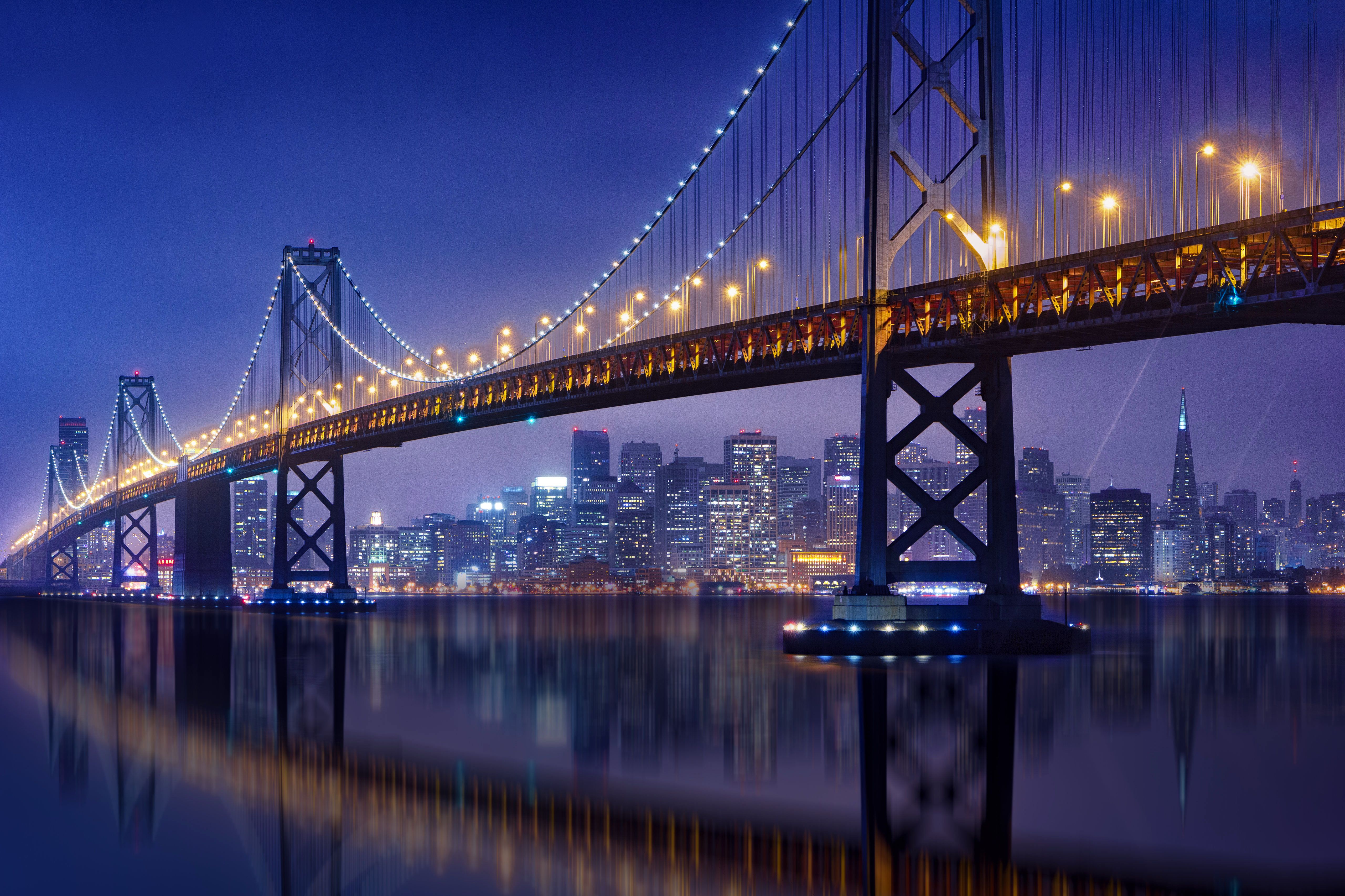 Bay Bridge 4K Wallpaper, San Francisco–Oakland, Night, City lights, Urban, 5K, World