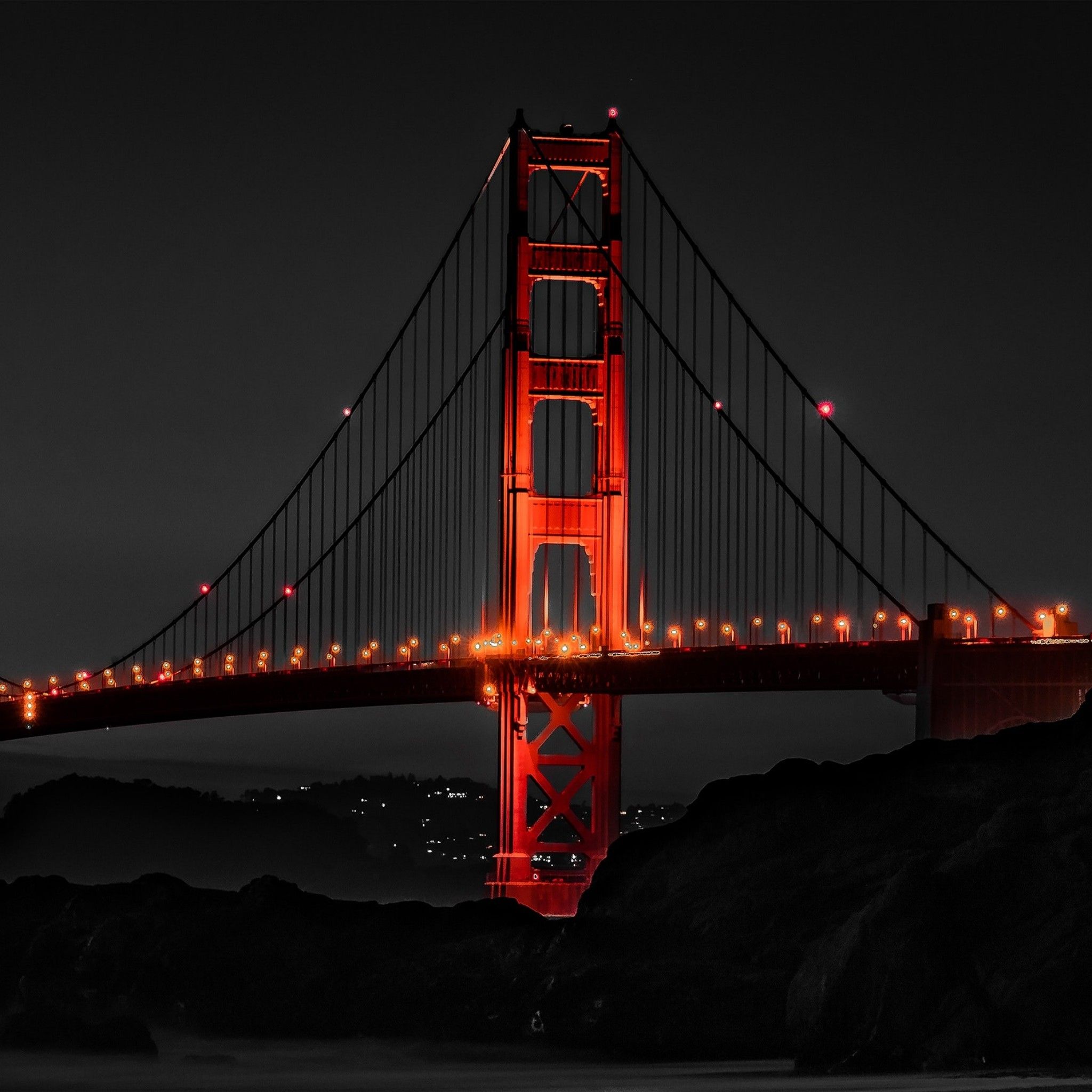 Golden Gate Bridge 4K Wallpaper, Night, Monochrome, Dark background, Illuminated, San Francisco, World