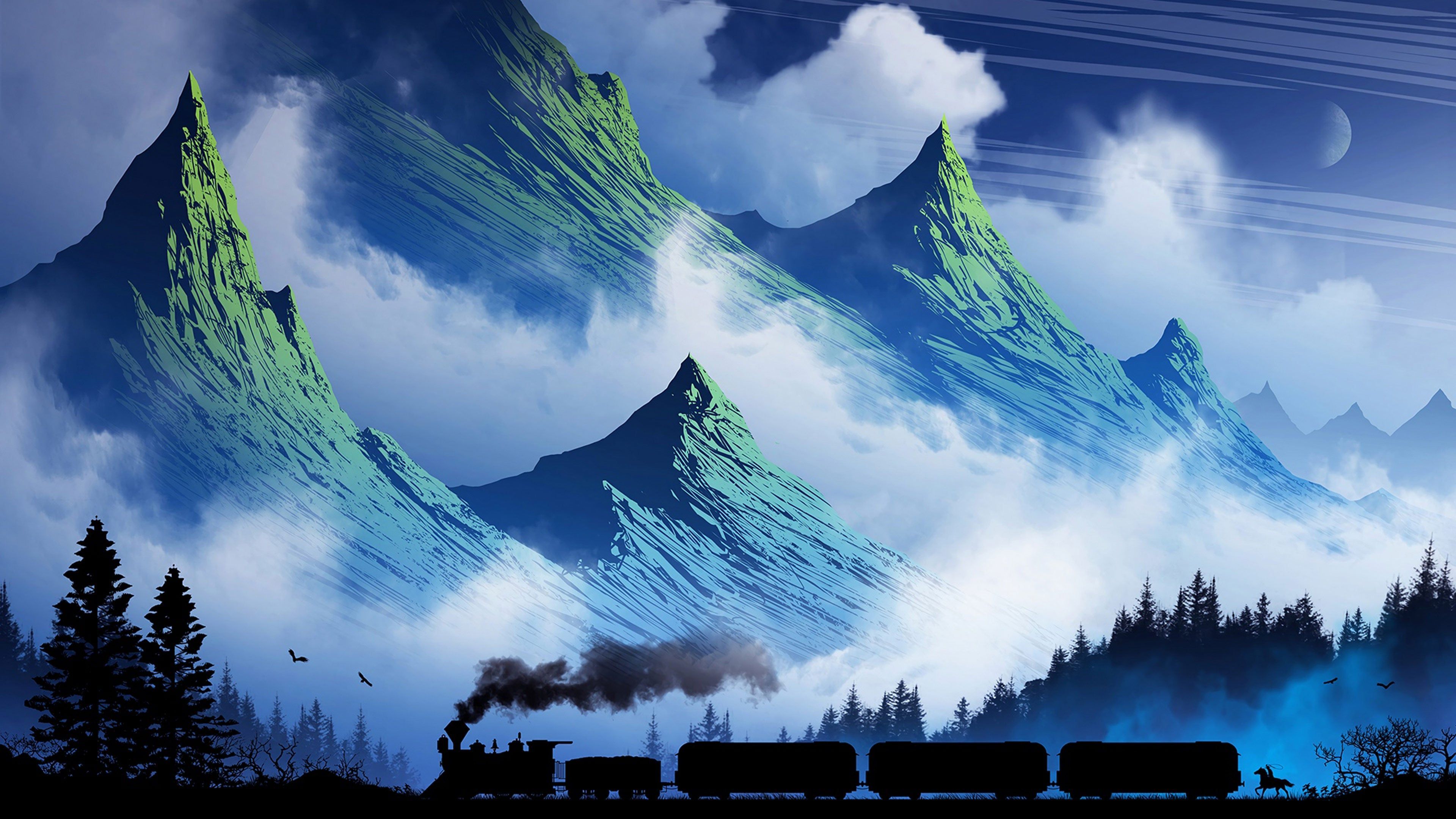Mountain and Train Art 4K wallpaper